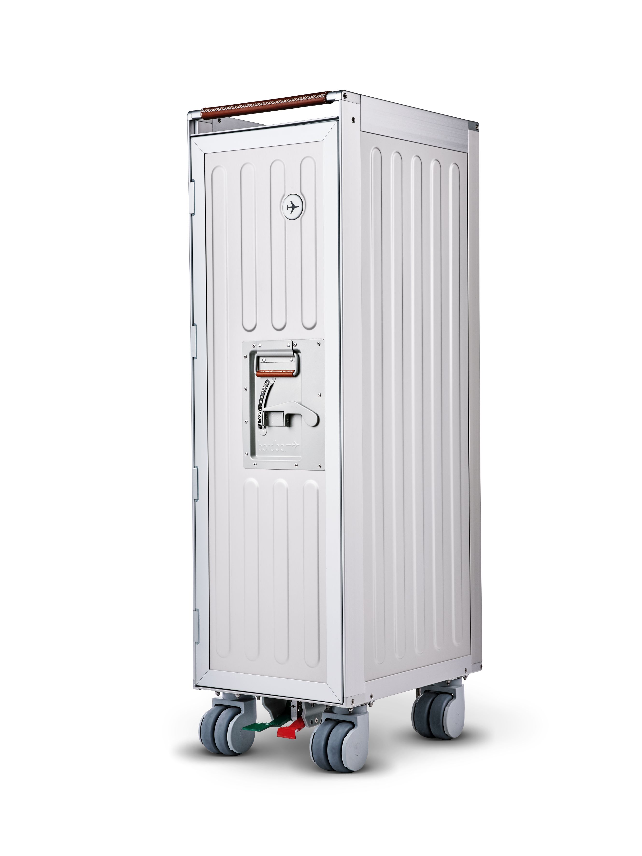 Voyager Flugzeugtrolley Bordbar in Weiß mit Rollen und braunem Ledergriff für Flugzeug-Catering.