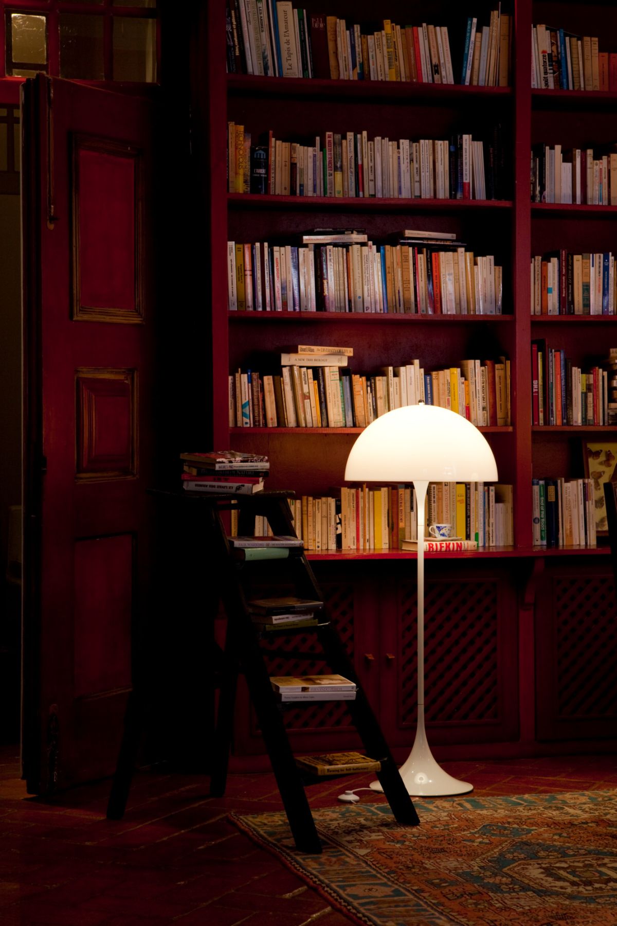 Stehleuchte im Bibliothekszimmer mit Bücherregal, Leiter und Teppich für gemütliche Leseecke.