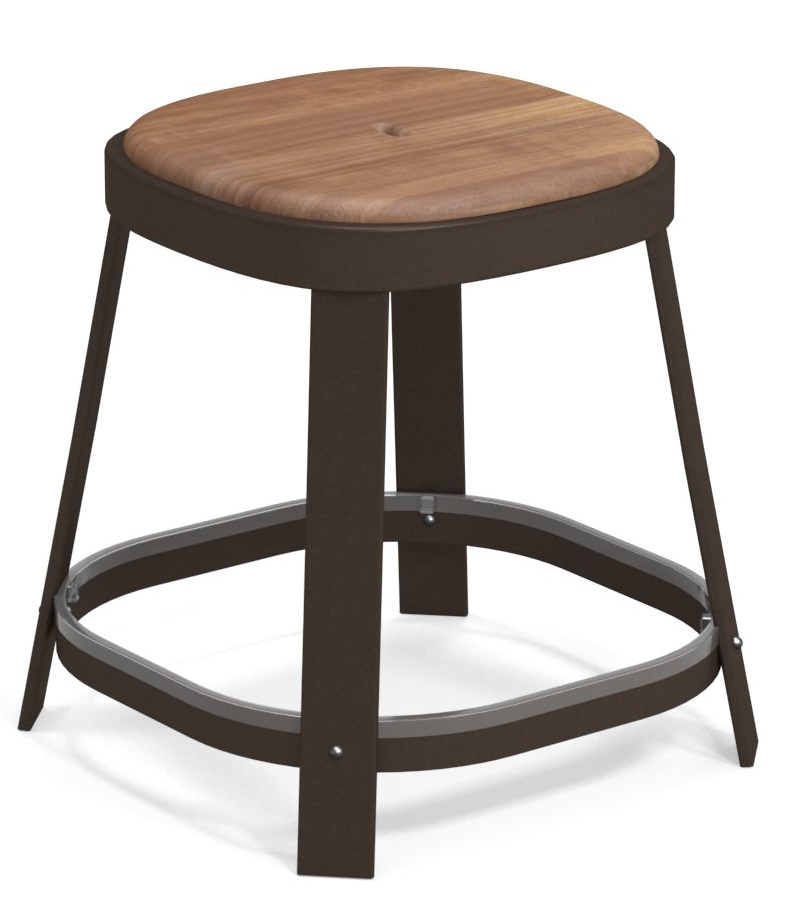 Thor Dining Stool: Niedriger Barhocker von Emu für den Außenbereich mit Holz-Sitzfläche und braunem Gestell.