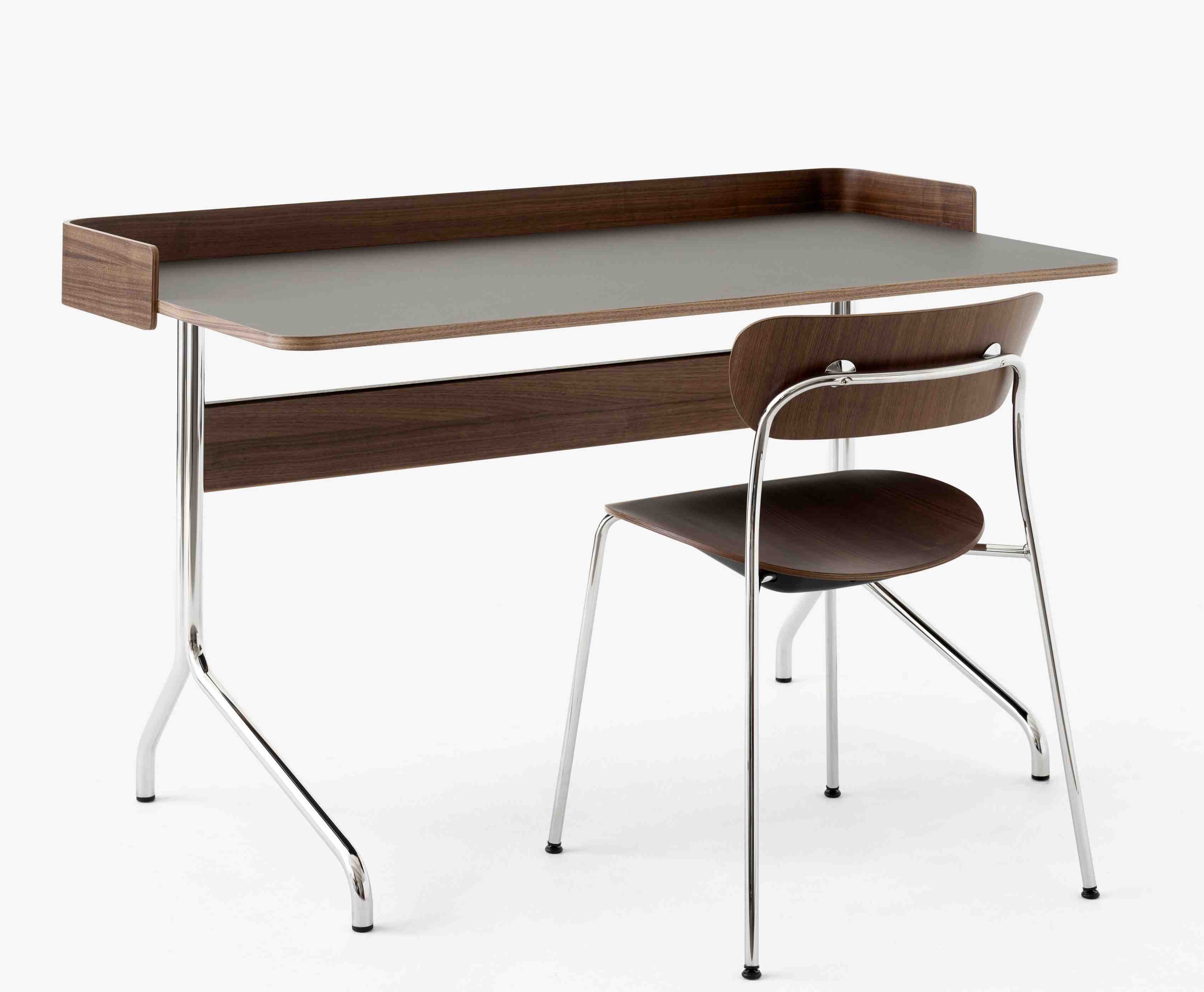 AndTradition Pavilion AV16 Schreibtisch mit Stuhl, Holz, Grau und Chrom, modernes Design für Büro und Arbeitszimmer.