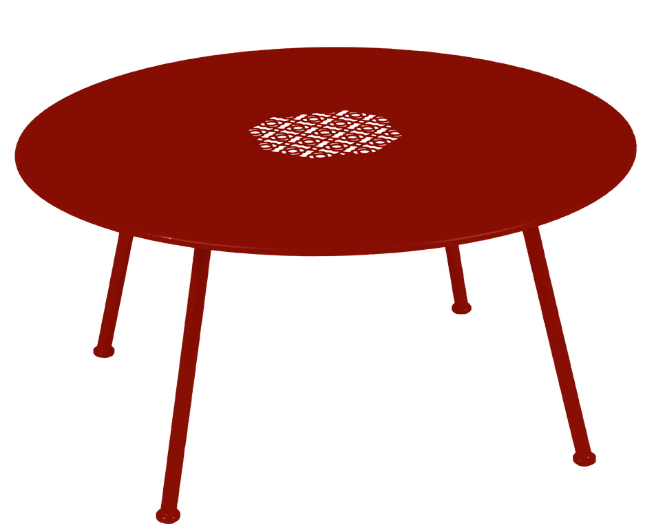 Roter Lorette Outdoor Beistelltisch von Fermob, runder Couchtisch mit filigranem Muster für Garten und Terrasse.