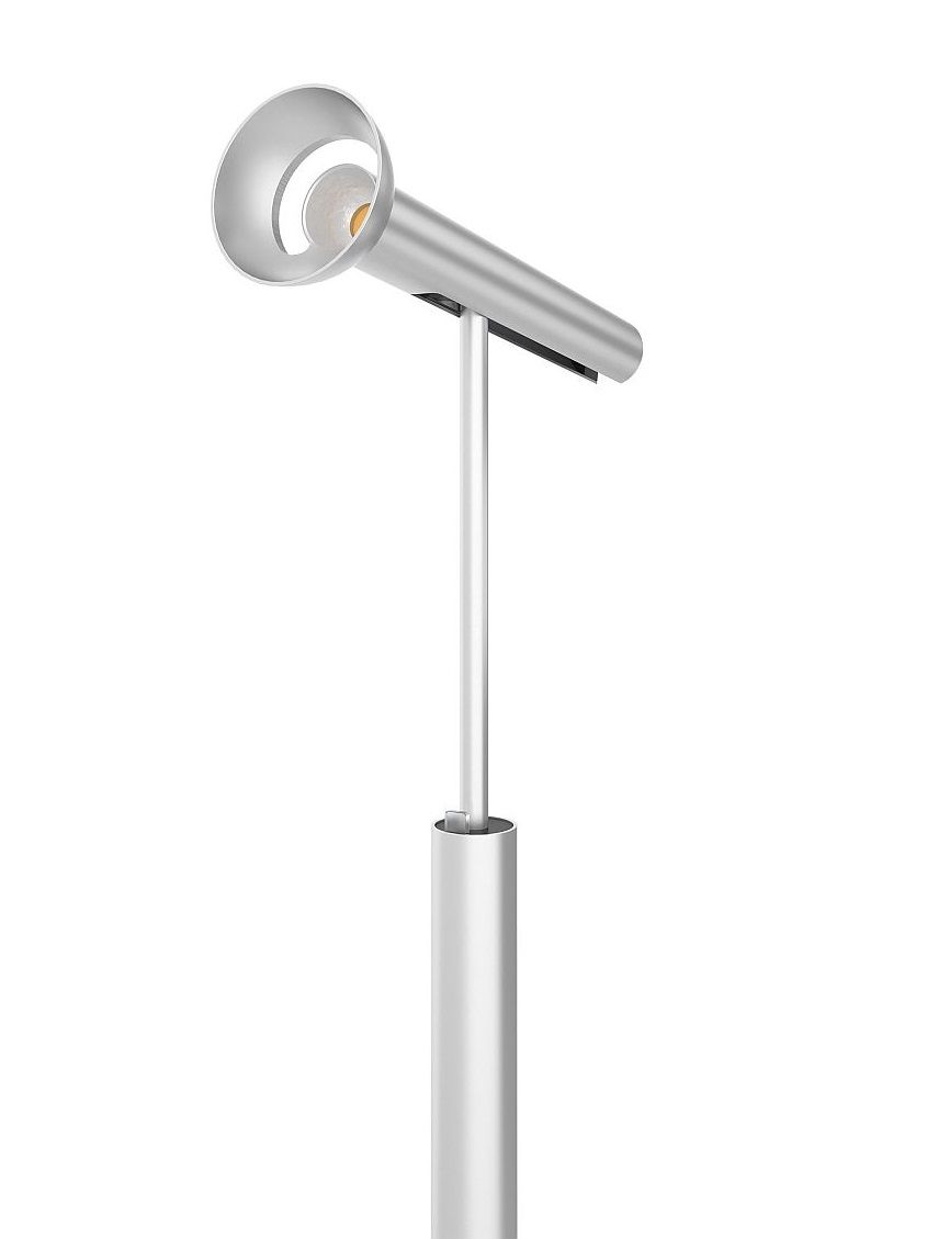 TOPOLED S Stehleuchte von Baltensweiler, moderne LED-Stehlampe in Silber mit schwenkbarem Leuchtenkopf für Wohnzimmer und Büro.