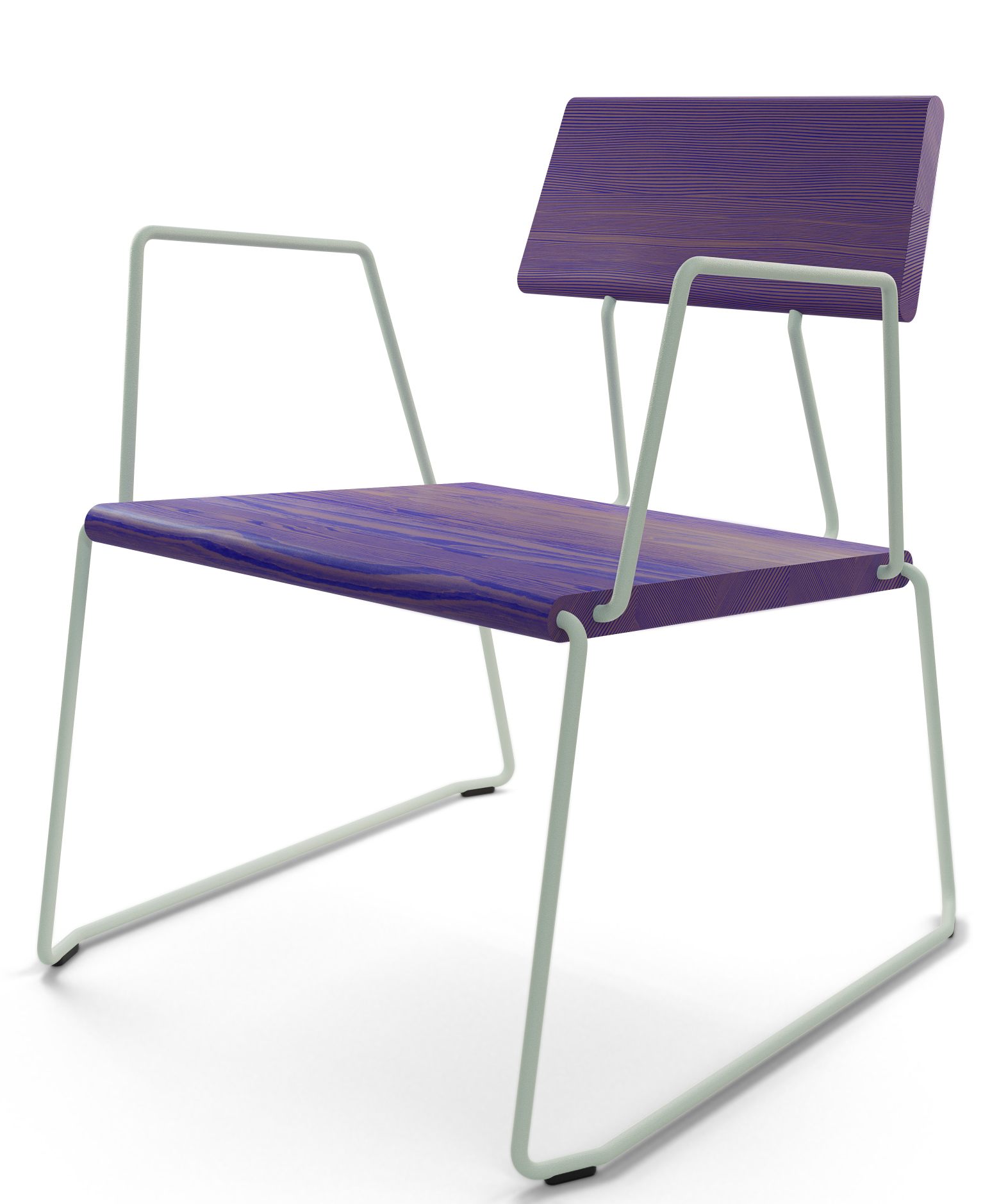 D:008 Loungechair: Ultravioletter Holzstuhl mit Armlehnen und hellgrünem Metallgestell von Fuchs & Habicht.