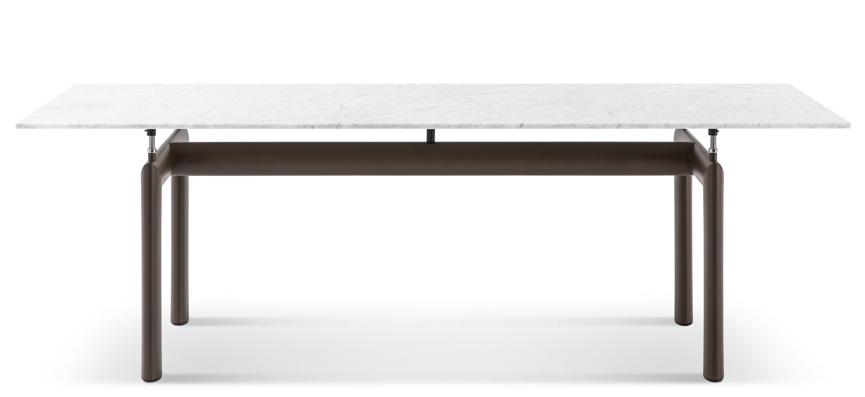 Cassina Tube D´avion Esstisch Outdoor: Moderner Gartentisch mit Marmorplatte und braunem Metallgestell.