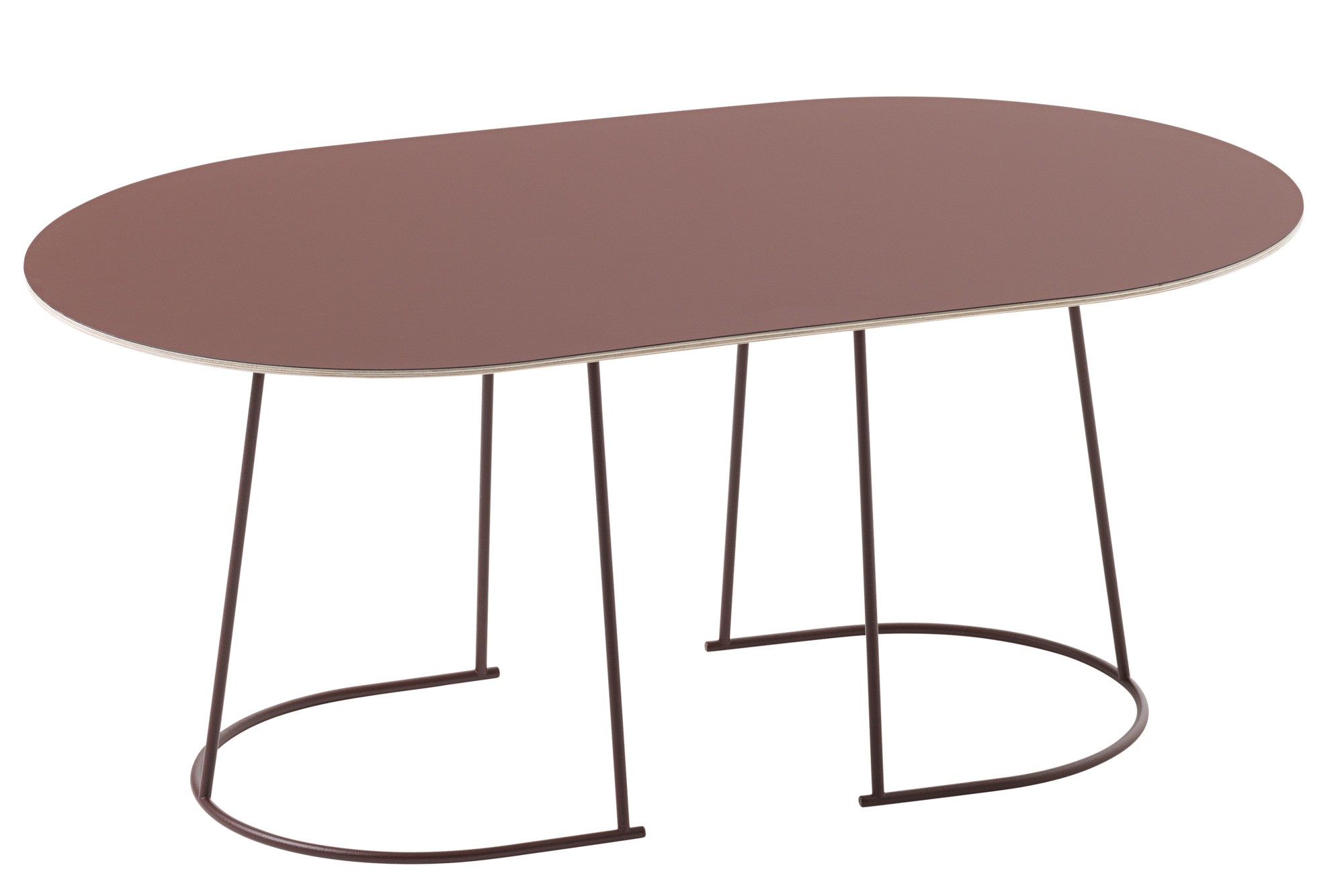Brauner Muuto Airy Coffee Table Medium mit ovaler Tischplatte und filigranem Metallgestell.