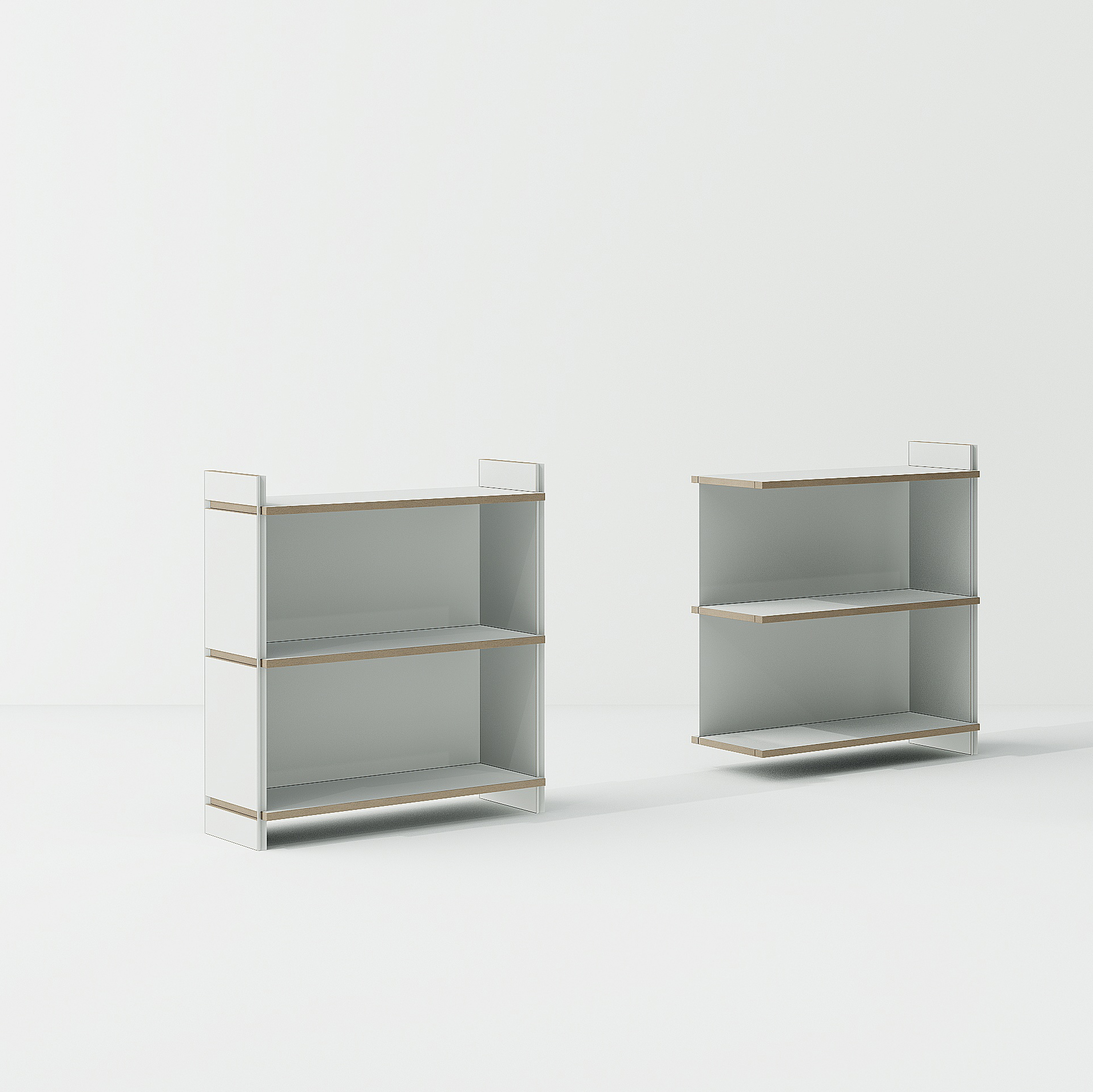 Zwei weiße Tojo Regale mit zwei Fächern, modernes modulares Regalsystem für Wohnzimmer und Büro.