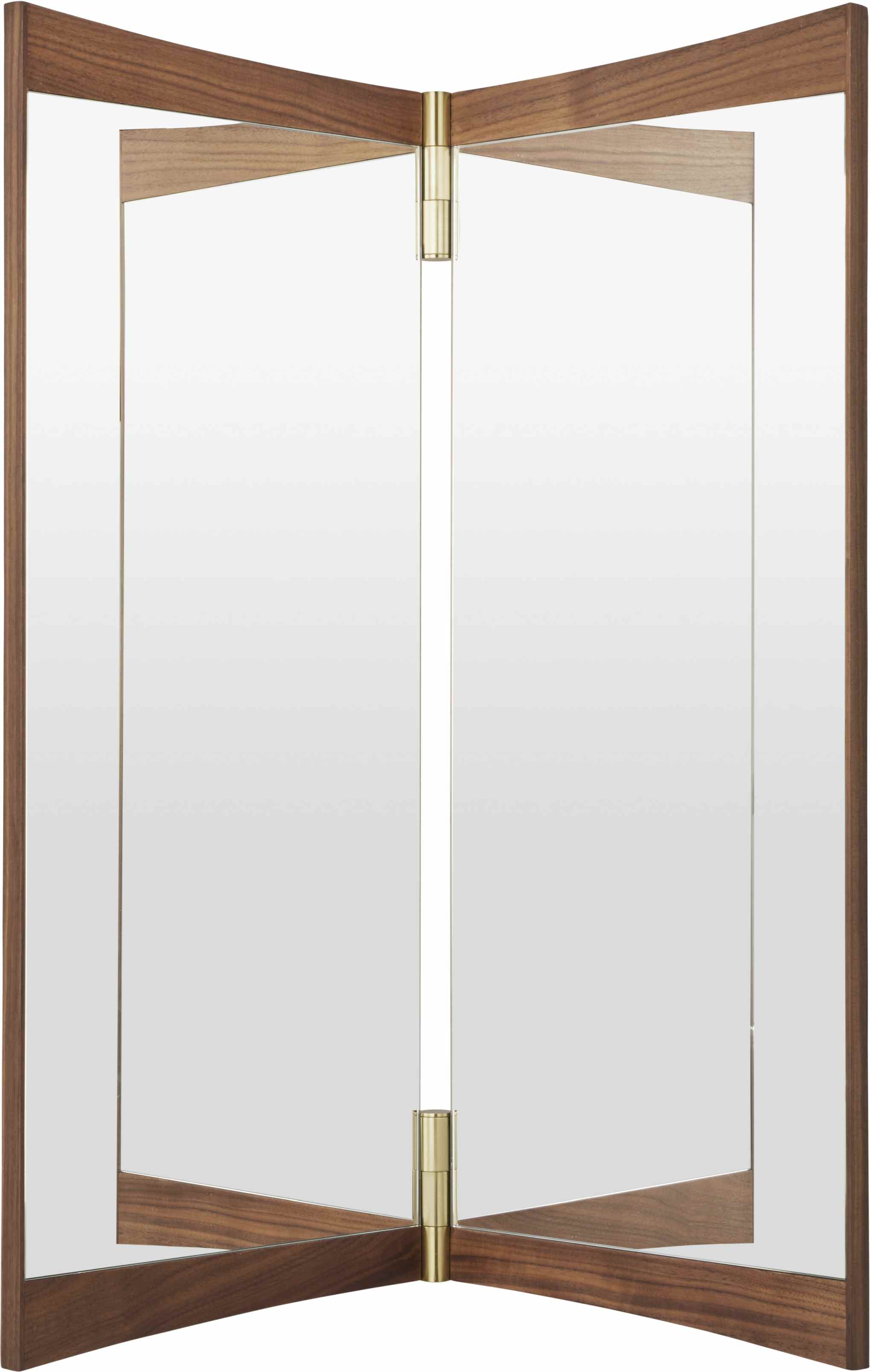 Vanity Wall Mirror 2 Wandspiegel von Gubi mit Holzrahmen und Messingdetails, geöffneter Zustand.