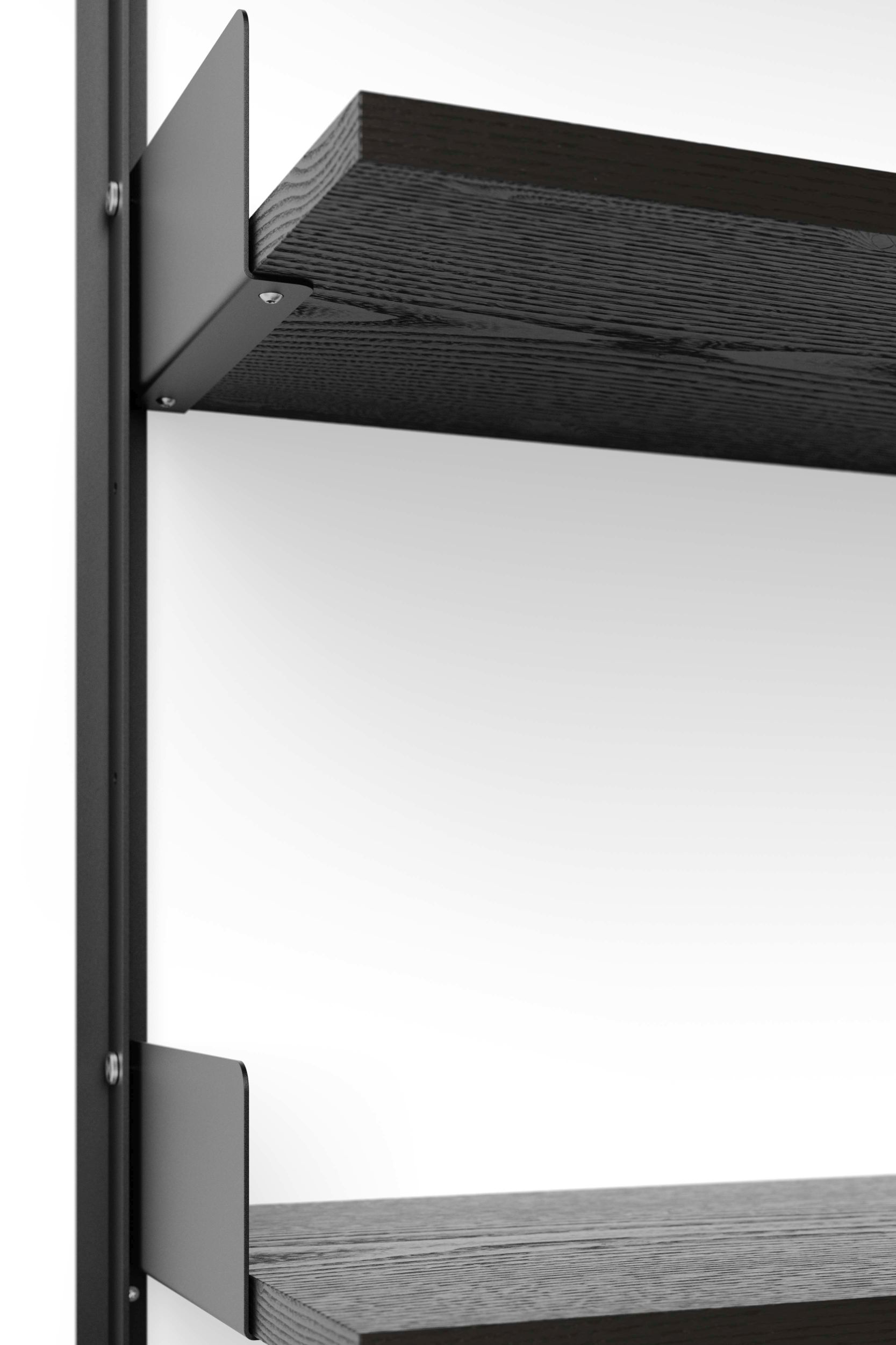Detailaufnahme des New Works Tee Regal in Walnuss, modernes Wandregal mit minimalistischem Design und dunklem Holz.