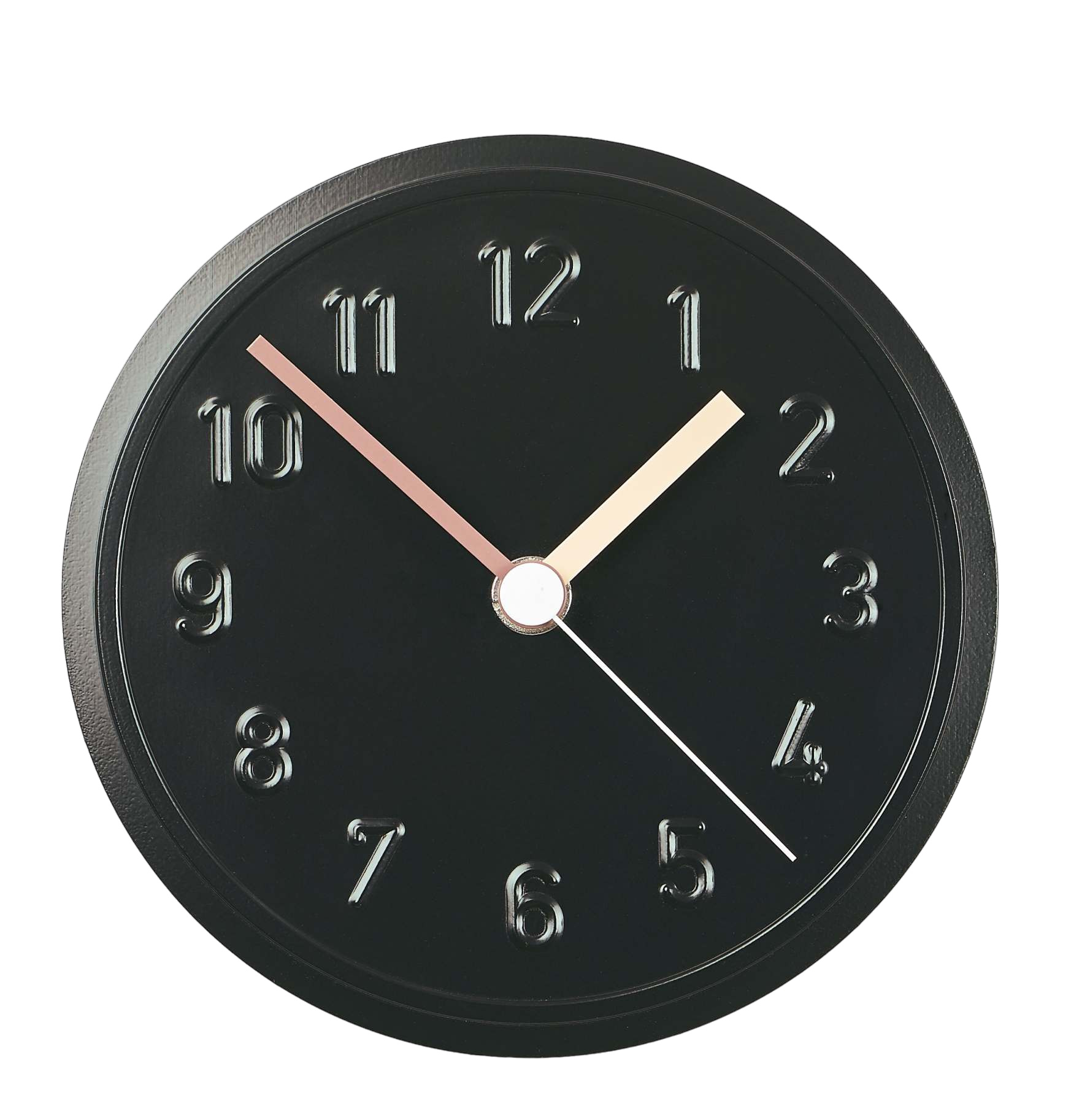 Schwarze Alu Alu Wanduhr von Richard Lampert mit erhabenen Ziffern und farbigen Zeigern.