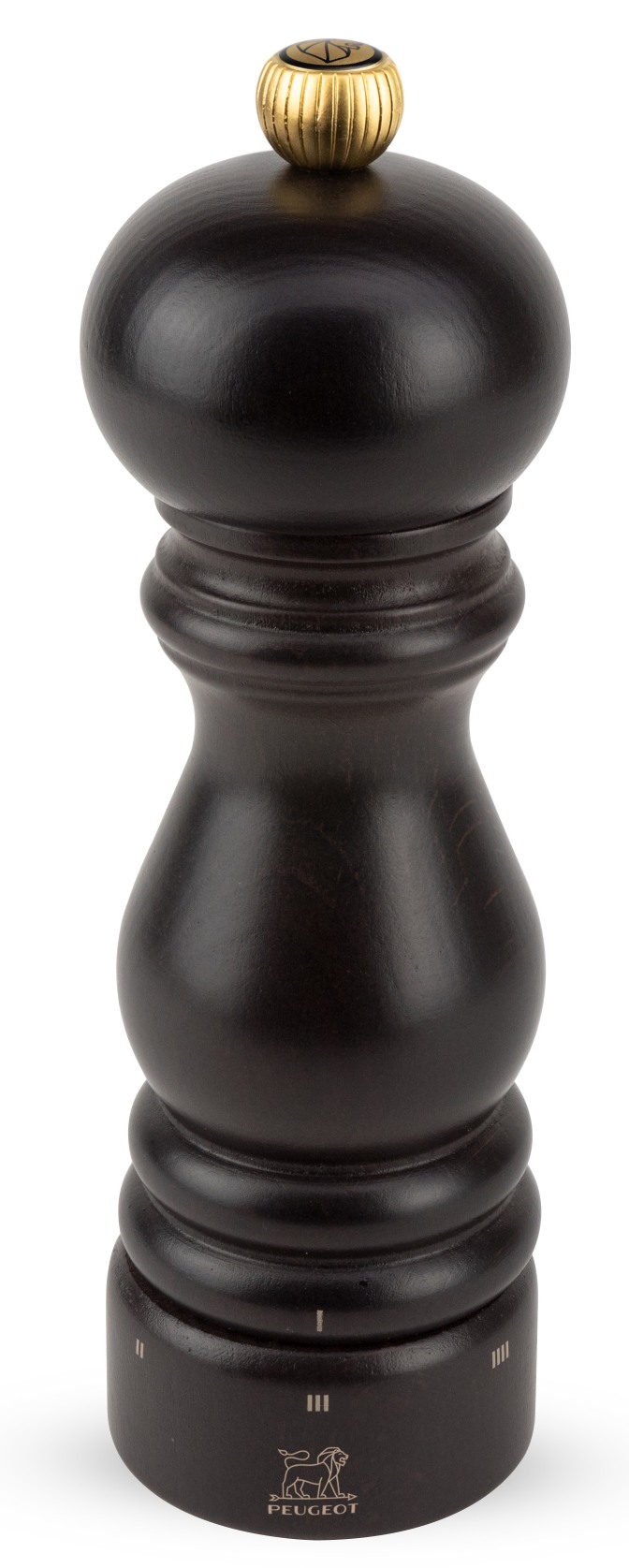 Peugeot Paris Pfeffermühle 18 cm Schokolade, klassische Mühle aus Holz mit goldenem Knopf.
