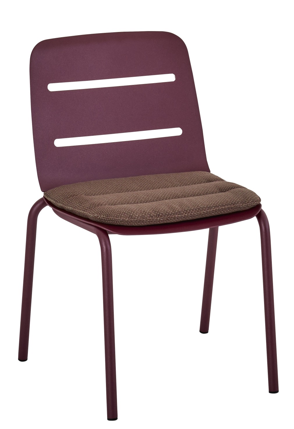 Vapio Stuhl Outdoor von Weishäupl, purpurroter Gartenstuhl mit braunem Sitzkissen für Terrasse und Balkon.