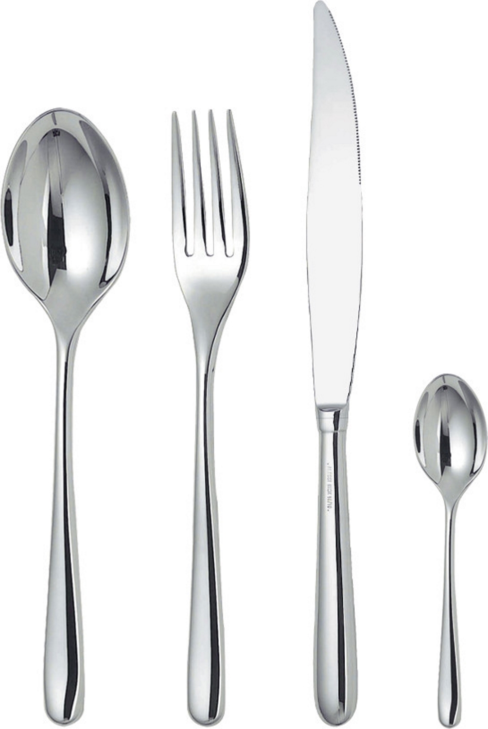 Nahaufnahme des Alessi Caccia Bestecksets mit Messer, Gabel, großem und kleinem Löffel.