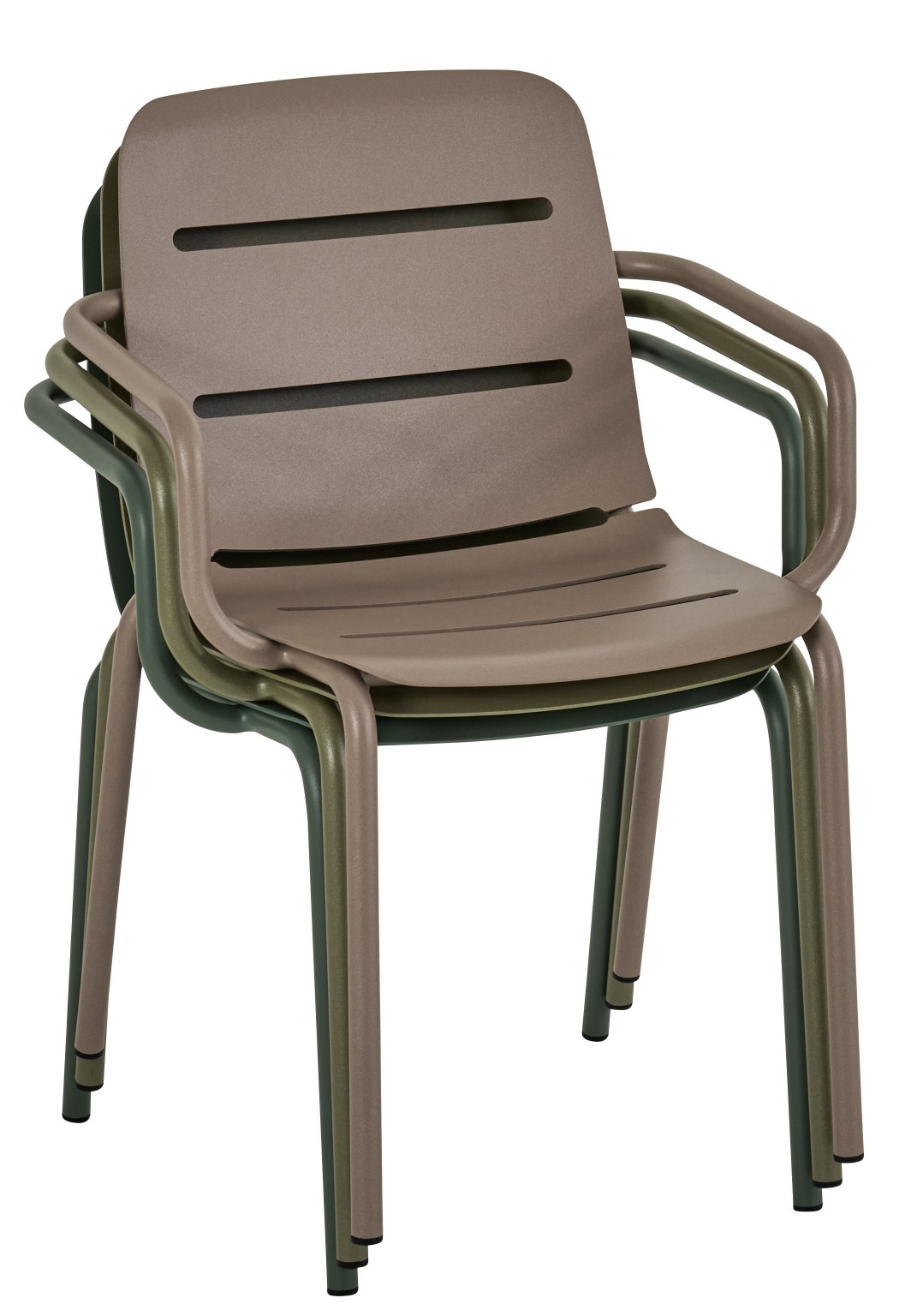 Stapel von Vapio Sessel Outdoor Weishäupl in Braun- und Grüntönen, ideal für Garten und Terrasse.