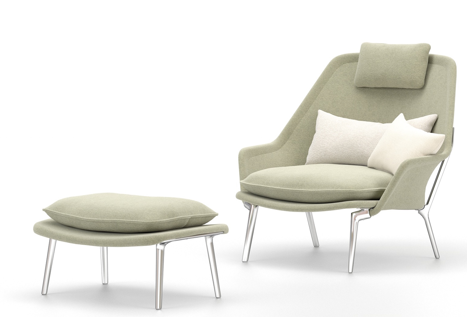 Vitra Slow Chair Sessel mit Ottoman in grünem Stoff und silbernen Beinen.