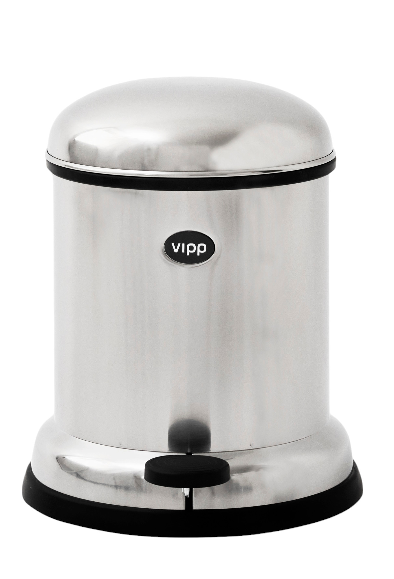 Vipp Treteimer 4L aus Edelstahl, ein runder, glänzender Abfalleimer mit Fußpedal.