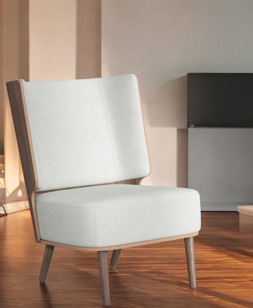 Serena Lounge Chair Sessel mit dunkel gebeiztem Eichenholzrahmen und hellbeigem Stoffbezug.
