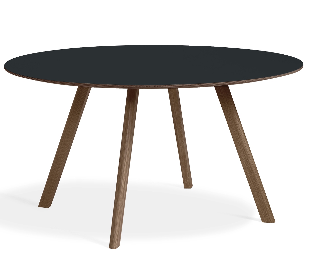 Hay Copenhague CPH 25 Tisch, runder Esstisch mit schwarzer Tischplatte und Holzbeinen, modernes Design.