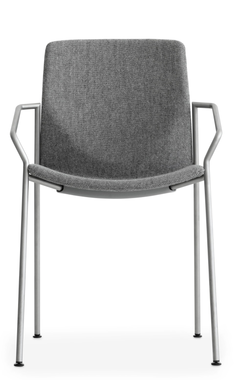 Grauer Kai Stuhl, vollgepolstert, mit Armlehnen und Metallgestell. Moderner Stuhl für Büro und Wohnbereich.
