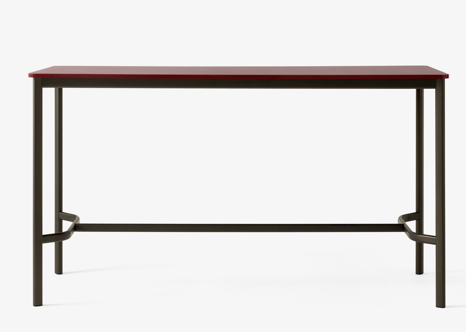 AndTradition Drip High Table: Stehtisch mit bordeauxroter Tischplatte und dunklem Metallgestell für moderne Büros.