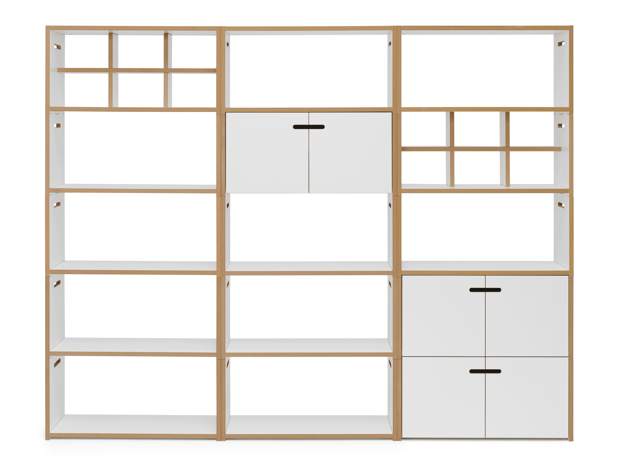 Tojo Hochstapler Regal Grundmodul: Weißes, modulares Regalsystem mit offenen Fächern und Türen.