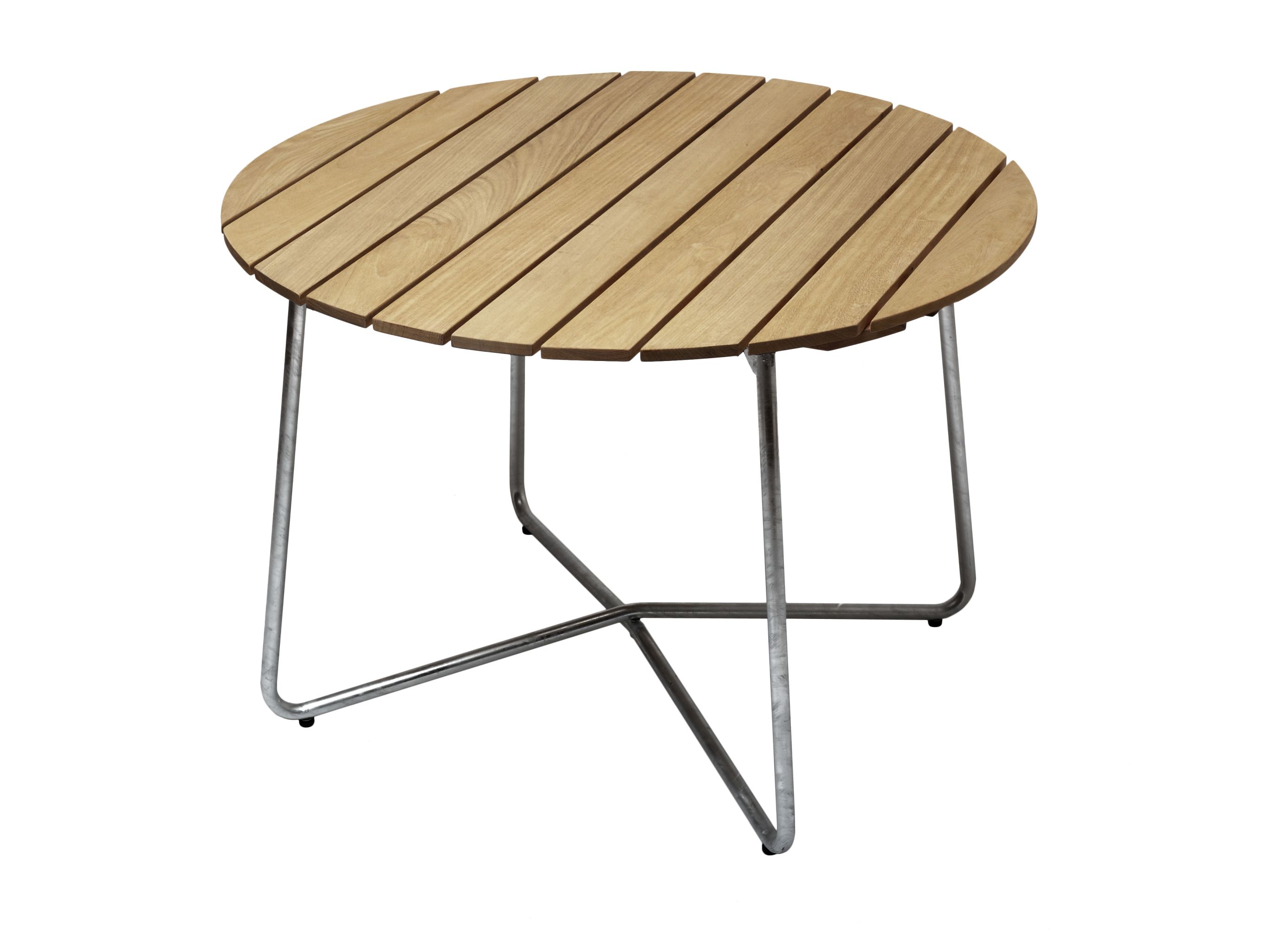 Grythyttan Stalmöbler Tisch 9A rund aus Eichenholz mit Stahlgestell, ideal für Garten und Terrasse.