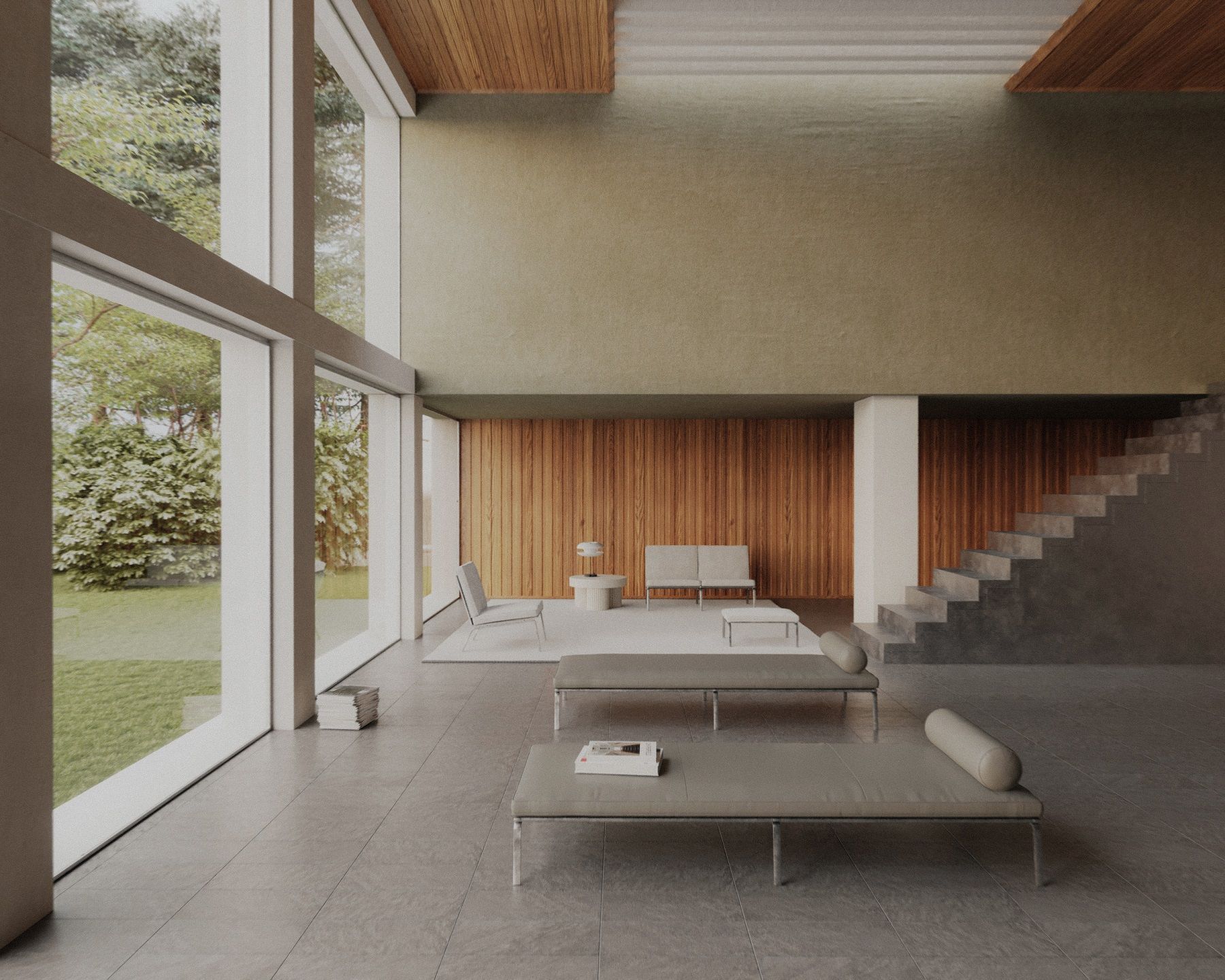 Helles Wohnzimmer mit zwei grauen Man Daybeds von NORR11, minimalistisches Design und großer Fensterfront.