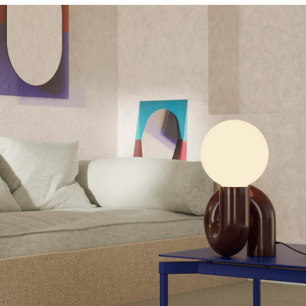 Neotenic Large Table Lamp von Petite Friture, braune Designer Tischleuchte mit runder Glühbirne.