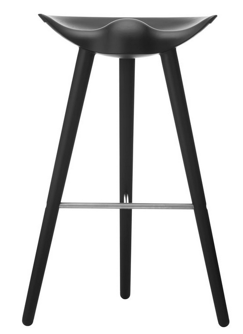 Schwarzer ML42 Barhocker Audo mit drei Beinen und Fußstütze aus Metall, Frontansicht.
