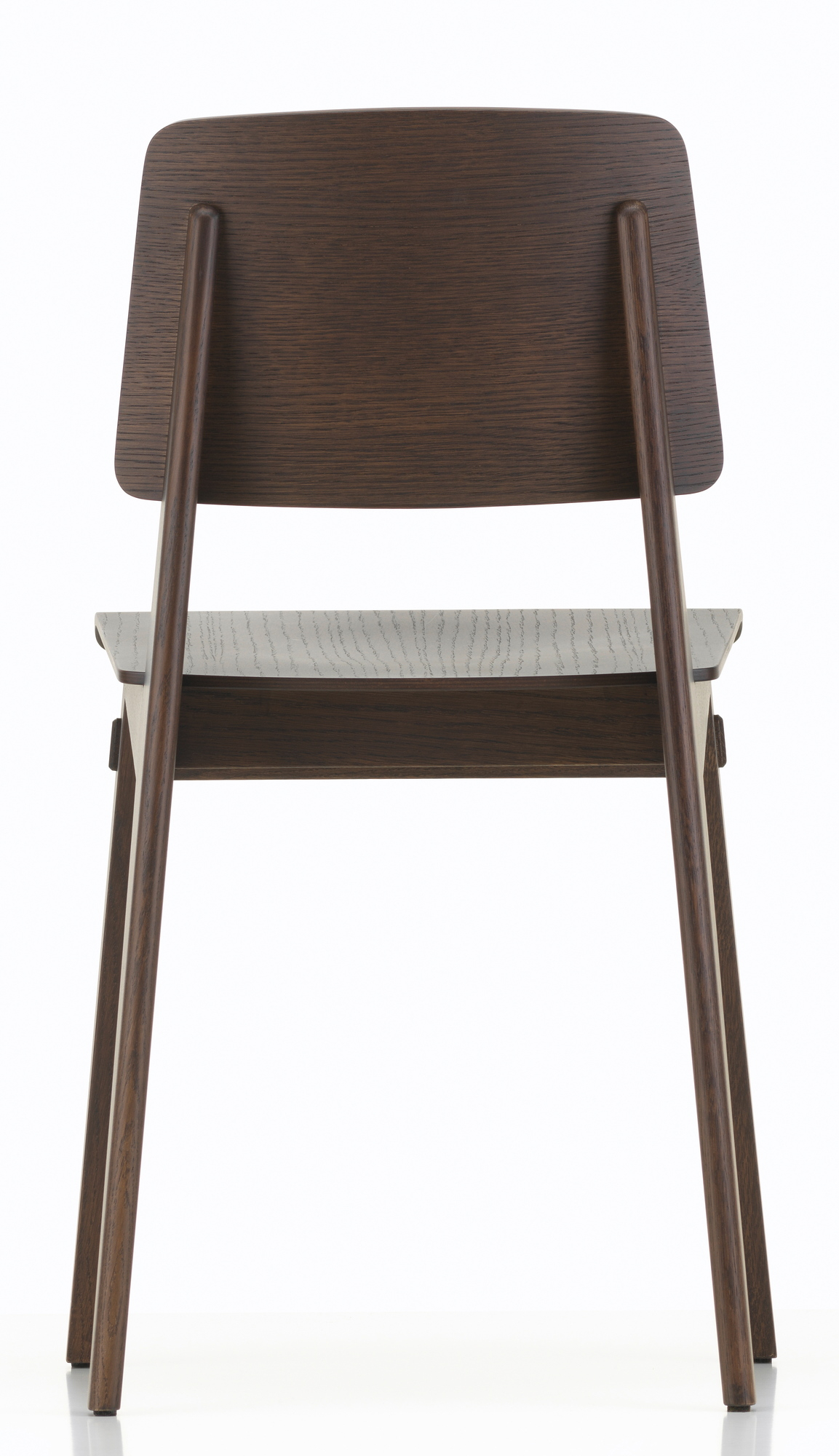 Rückansicht des Vitra Chaise Tout Bois Stuhls aus dunklem Holz, minimalistisches Design für Esszimmer und Wohnbereich.