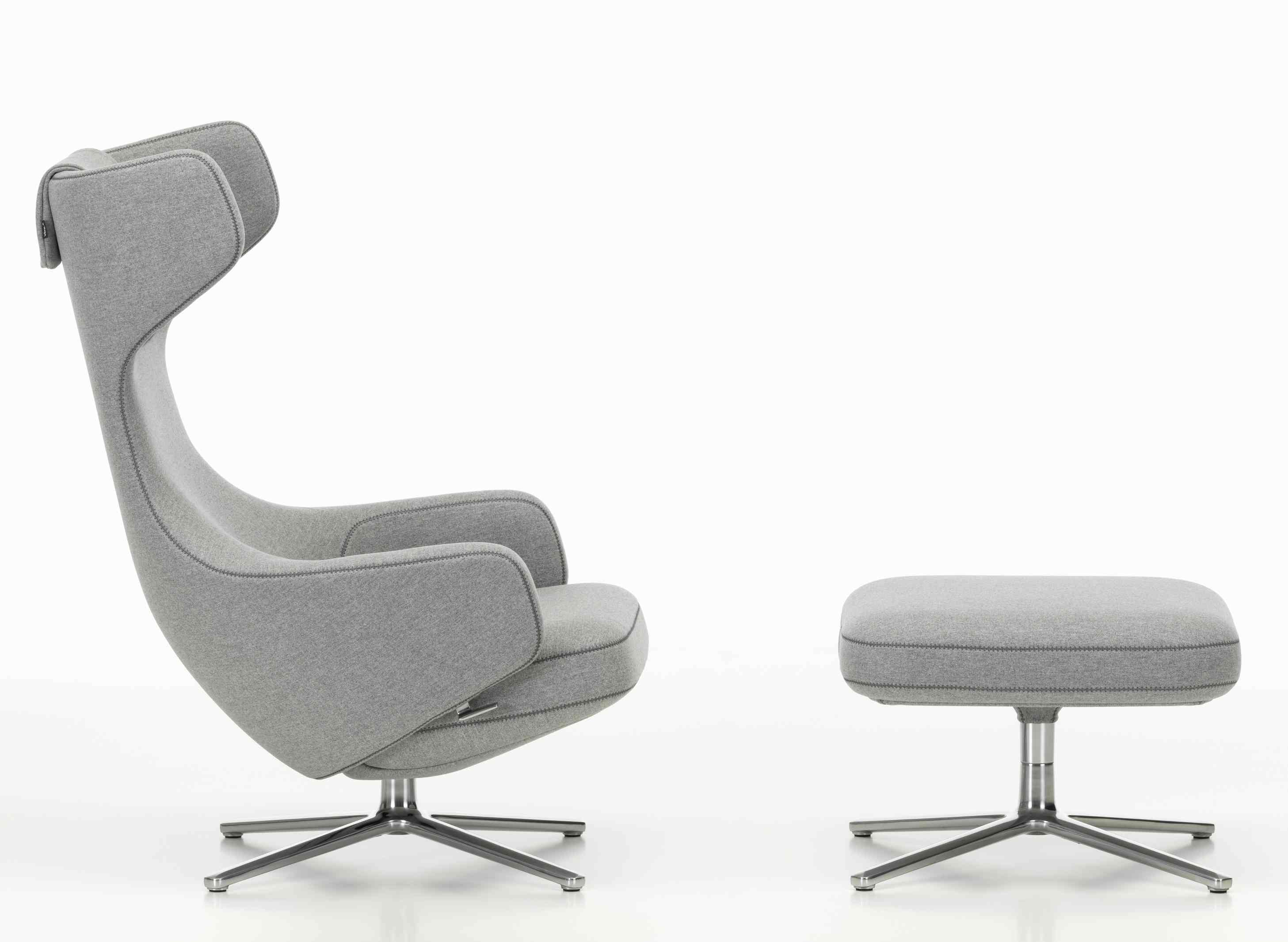 Grand Repos Sessel mit Ottoman von Vitra in Kieselstein grau, moderner Relaxsessel mit Fußhocker.