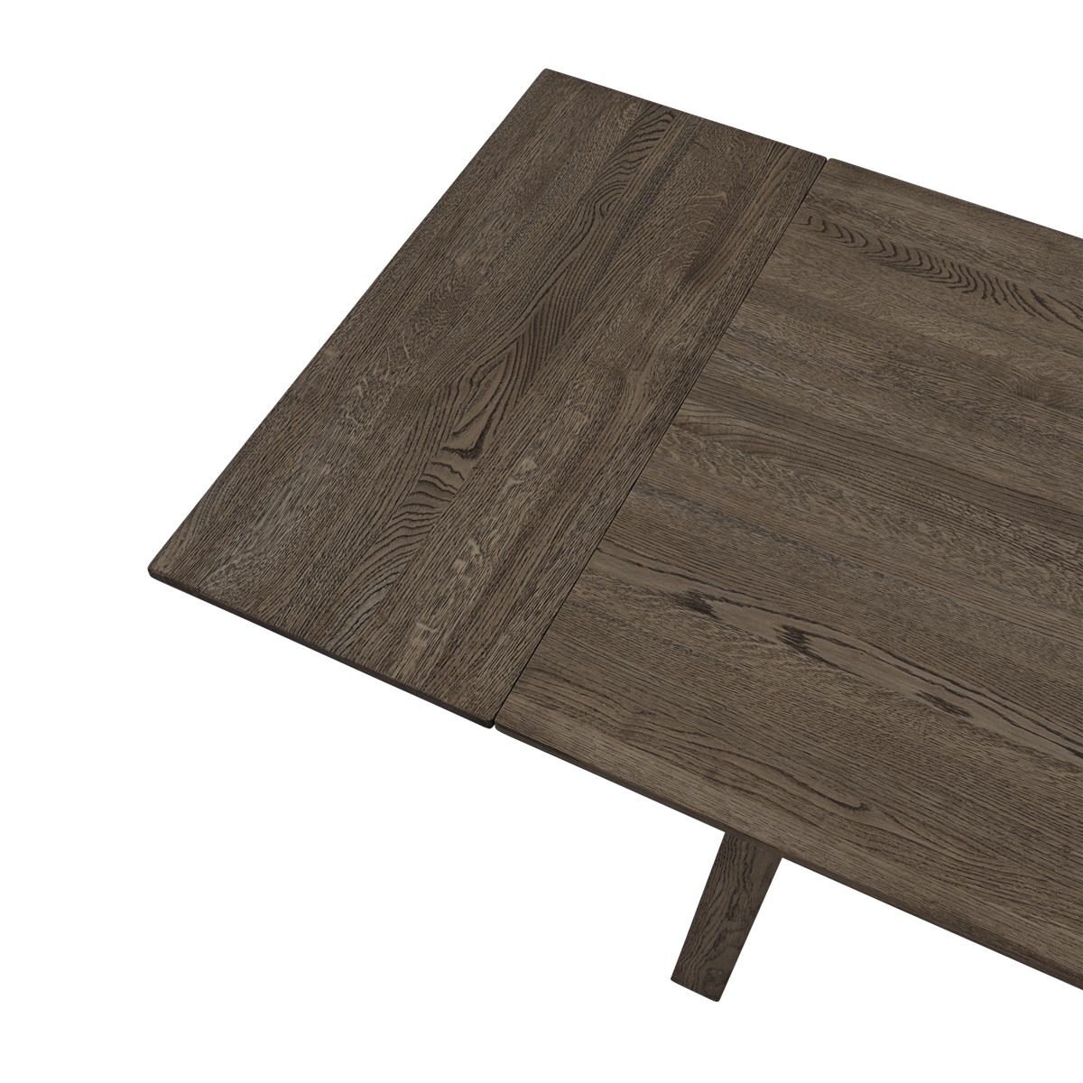 Detailaufnahme des Muuto Earnest Esstischs ausziehbar, Tischplatte aus dunklem Holz mit sichtbarer Maserung.