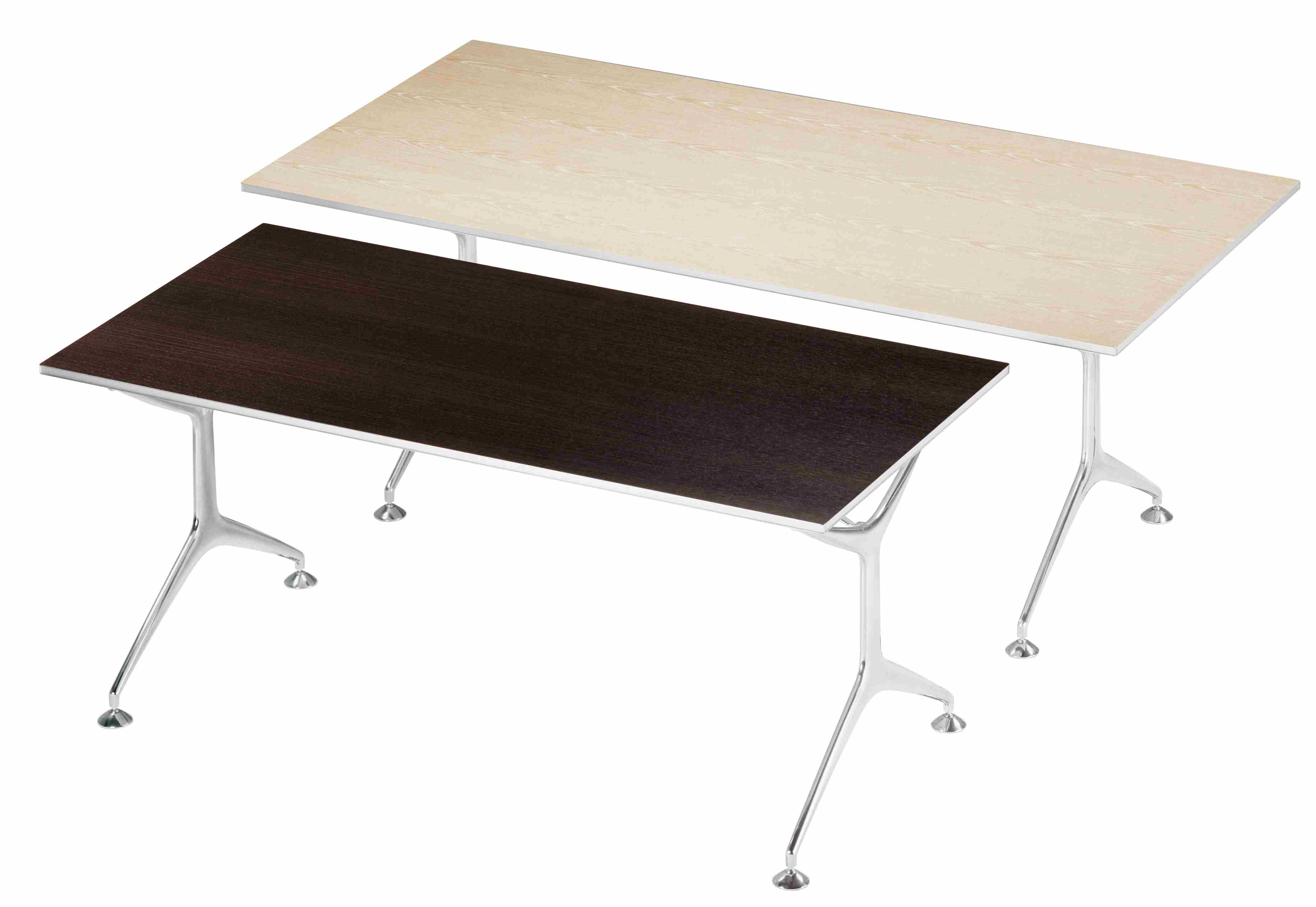 Zwei Frametable Tische mit Holzoberfläche und verchromten Beinen, einer hell, einer dunkel, für Büro und Konferenz.