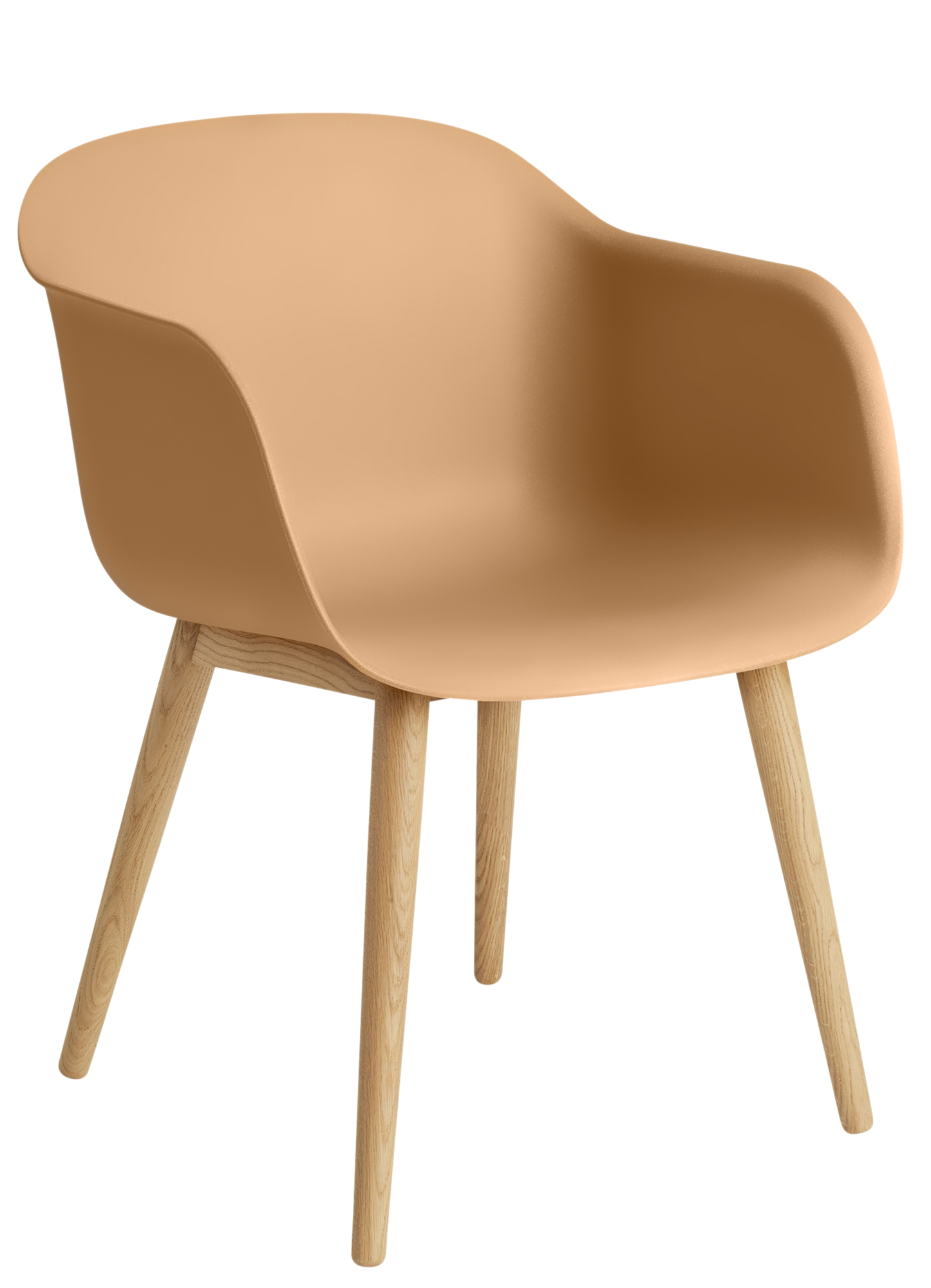 Muuto Fiber Armchair mit Holzbeinen, hellbraune Sitzschale, moderner Design Stuhl für Esszimmer und Wohnbereich.