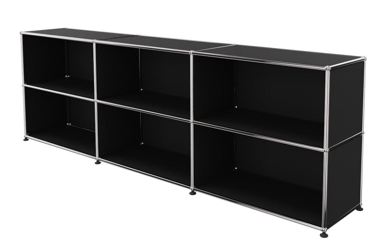 Breites, offenes USM Haller Regal in Graphitschwarz mit verchromtem Gestell, ideal für Büro oder Wohnzimmer.