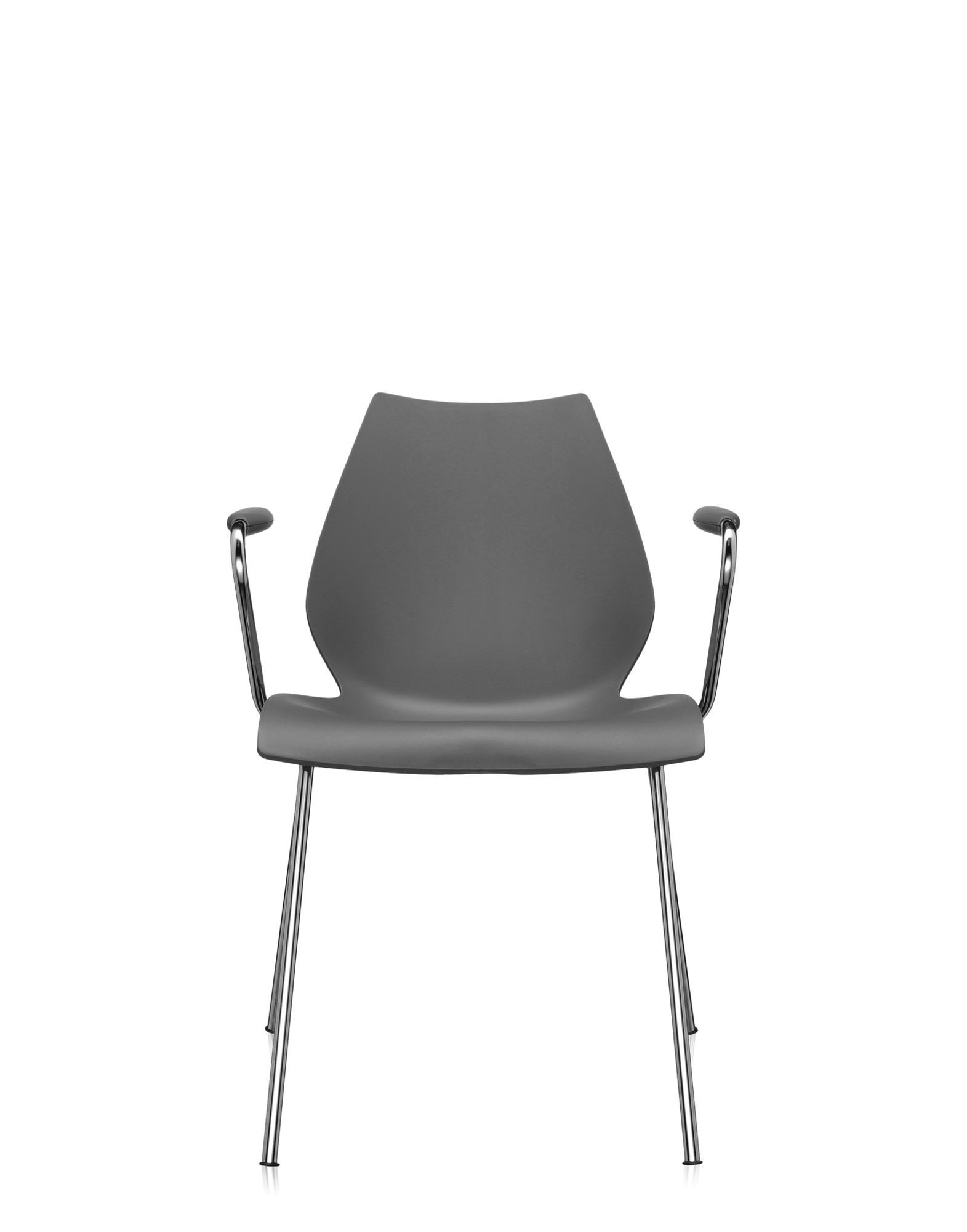 Anthrazitfarbener Maui Stuhl mit Armlehne von Kartell, moderner Designstuhl mit Chromgestell.