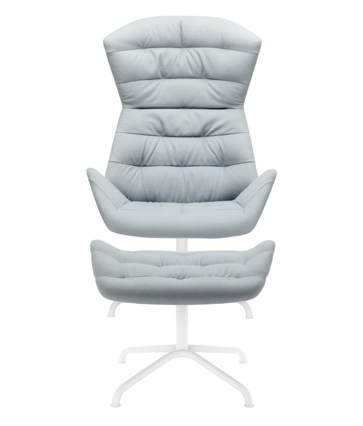 Hellblauer 808 Lounge Sessel von Thonet mit Fußhocker und weißem Drehfuß. Komfortabler Relaxsessel.