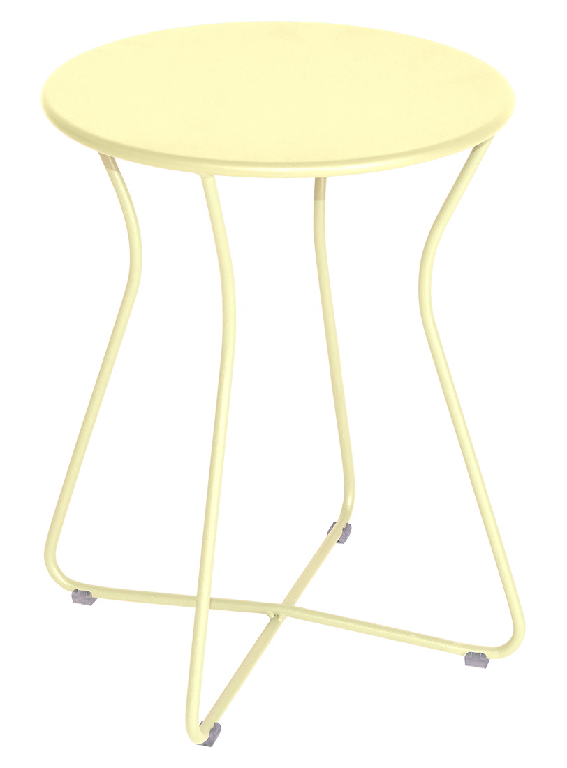 Gelber Cocotte Hocker von Fermob für den Außenbereich, minimalistisches Design mit runder Sitzfläche und filigranem Stahlgestell.