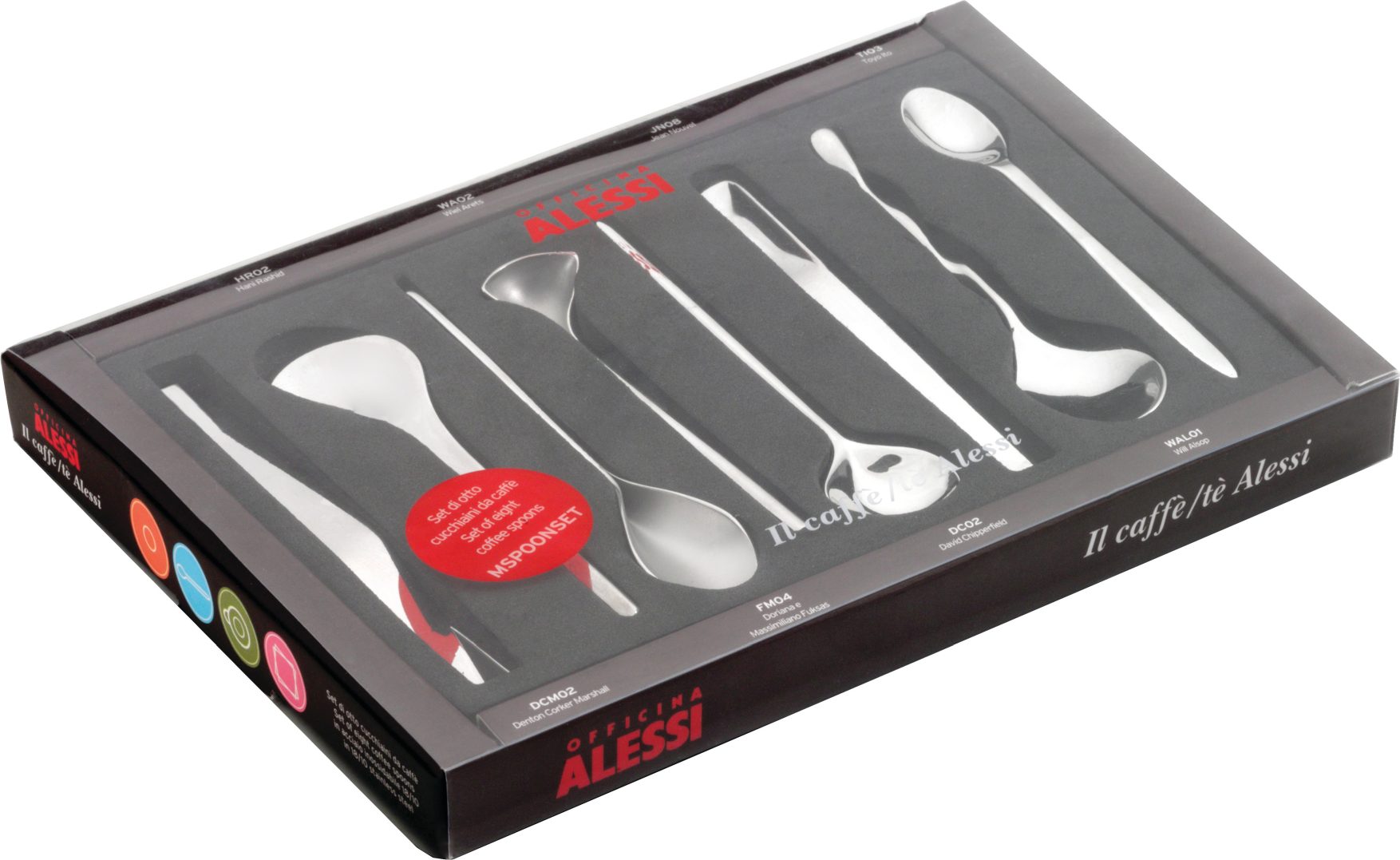 Acht verschiedene Kaffeelöffel aus Edelstahl im Alessi Il caffè/tè Set, präsentiert in einer Geschenkbox.