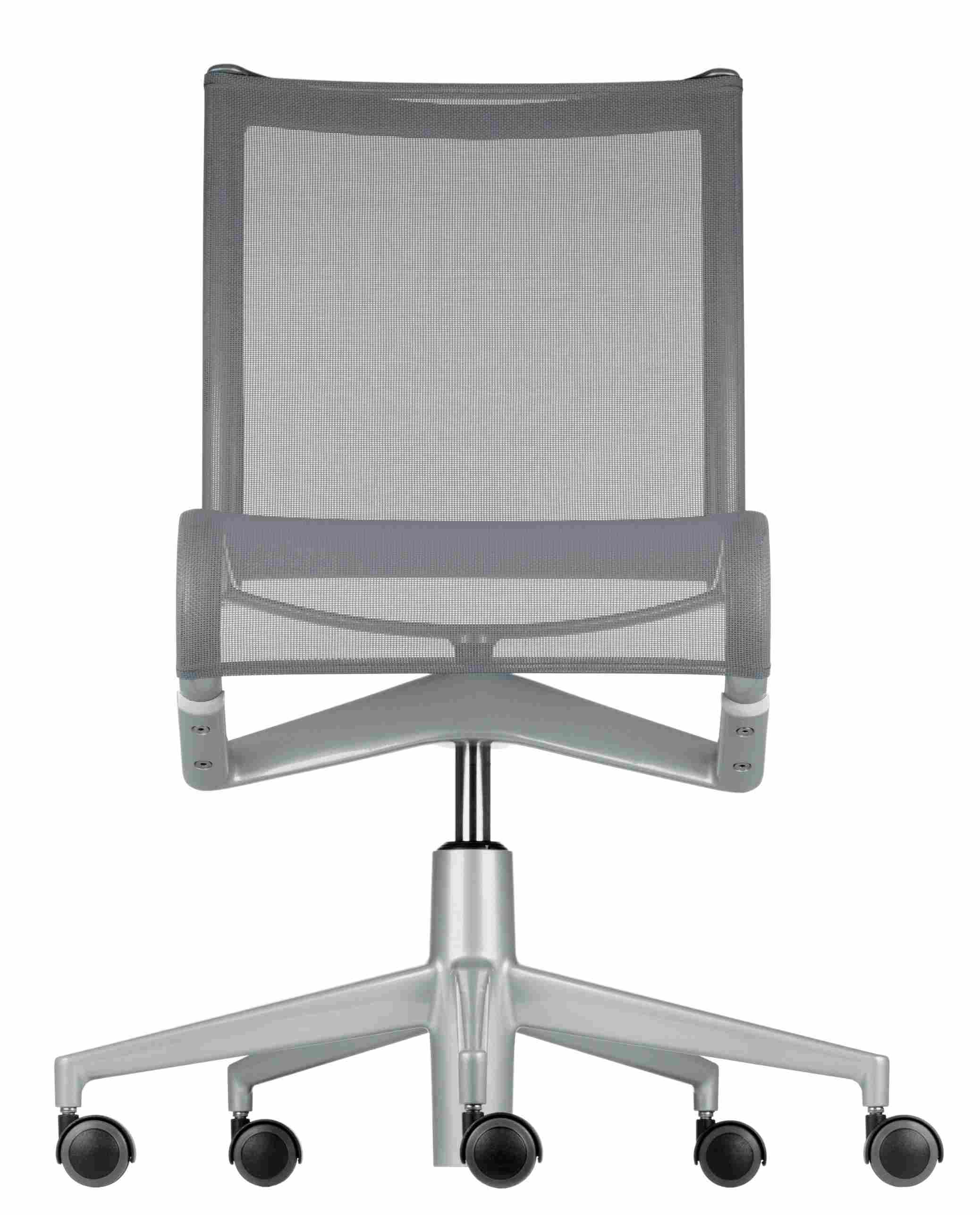 Rollingframe Bürodrehstuhl mit grauem Netzstoff, ergonomisch, höhenverstellbar und mit Rollen für das Büro.