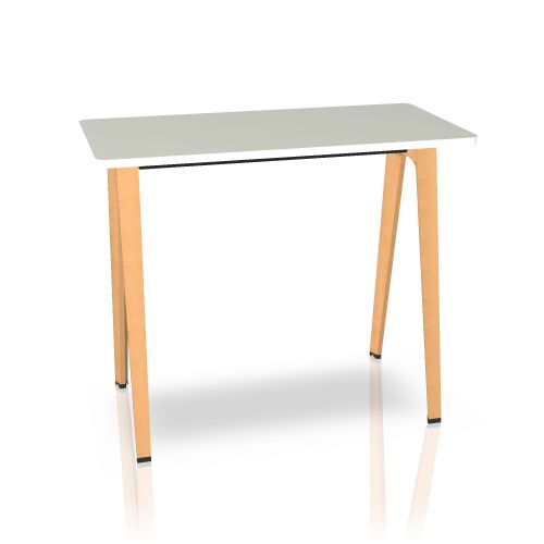 Steelcase B-Free Stehtisch mit weißer Tischplatte und hellem Holzfuß, ideal für Büro und Homeoffice.