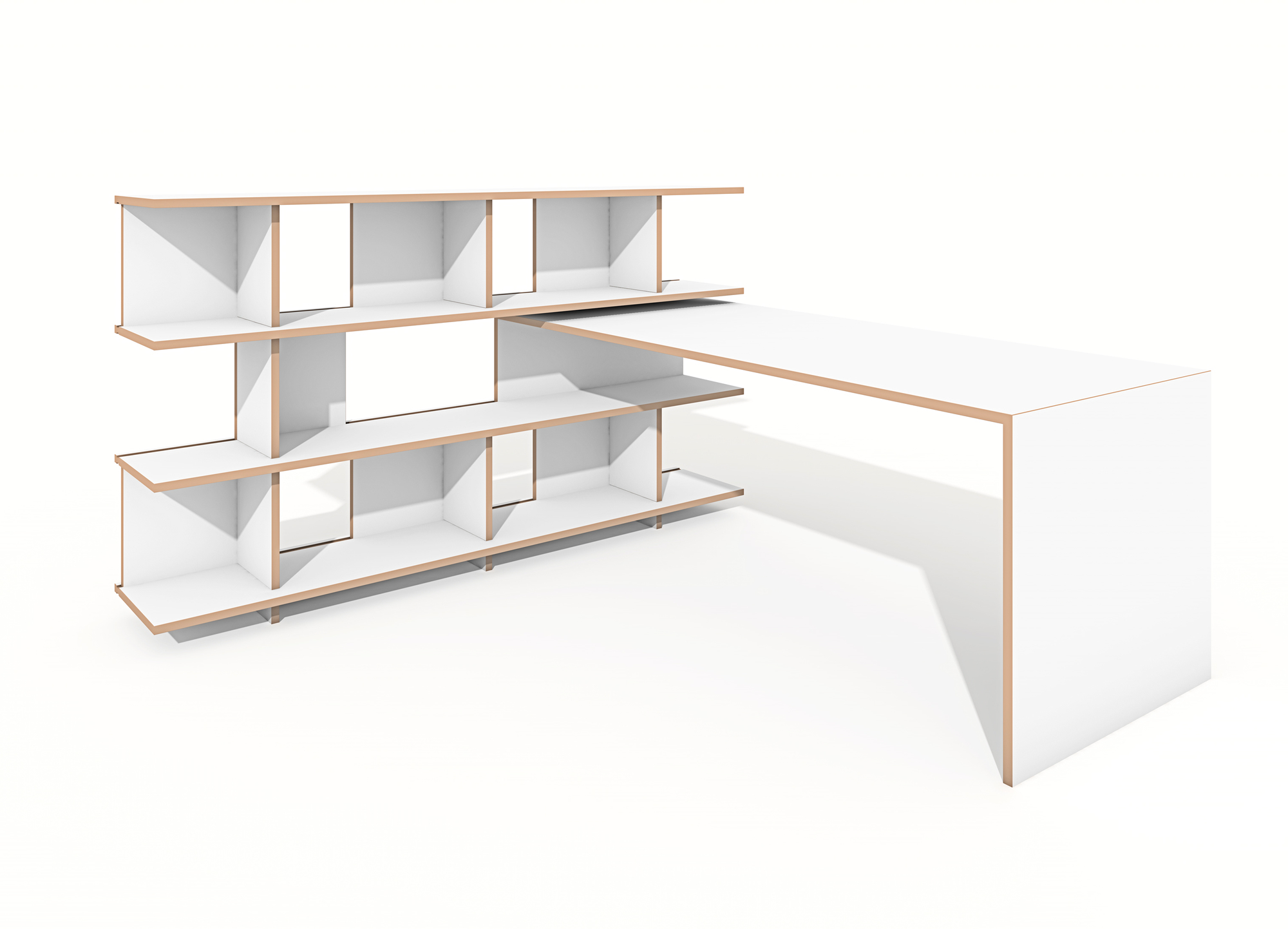 Weißes Tojo Stell Regal mit Anstelltisch, modernes Design für Büro und Wohnzimmer.