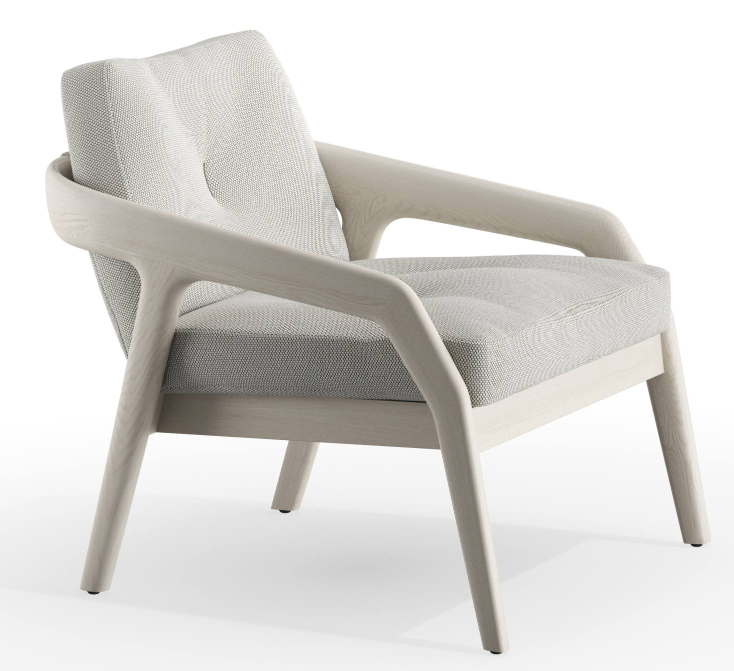 Friday 1 Sessel Zeitraum: Moderner Sessel mit hellem Holzrahmen und grau melierter Polsterung im minimalistischen Design.