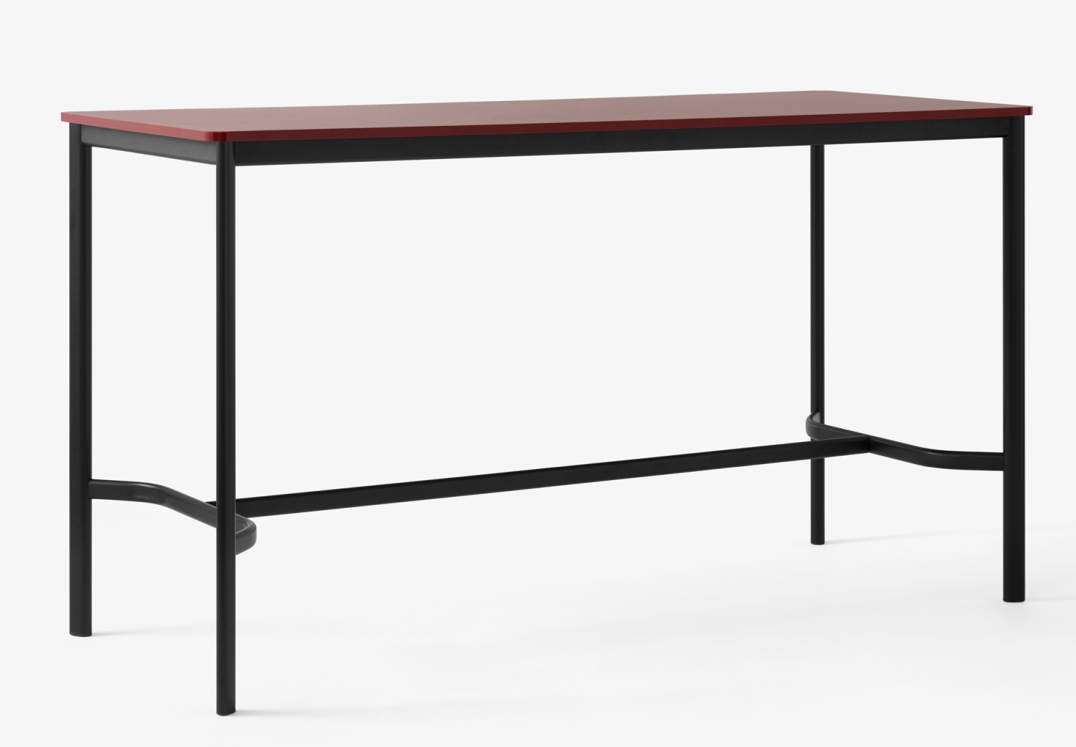 AndTradition Drip High Table: Stehtisch mit roter Tischplatte und schwarzem Metallgestell.