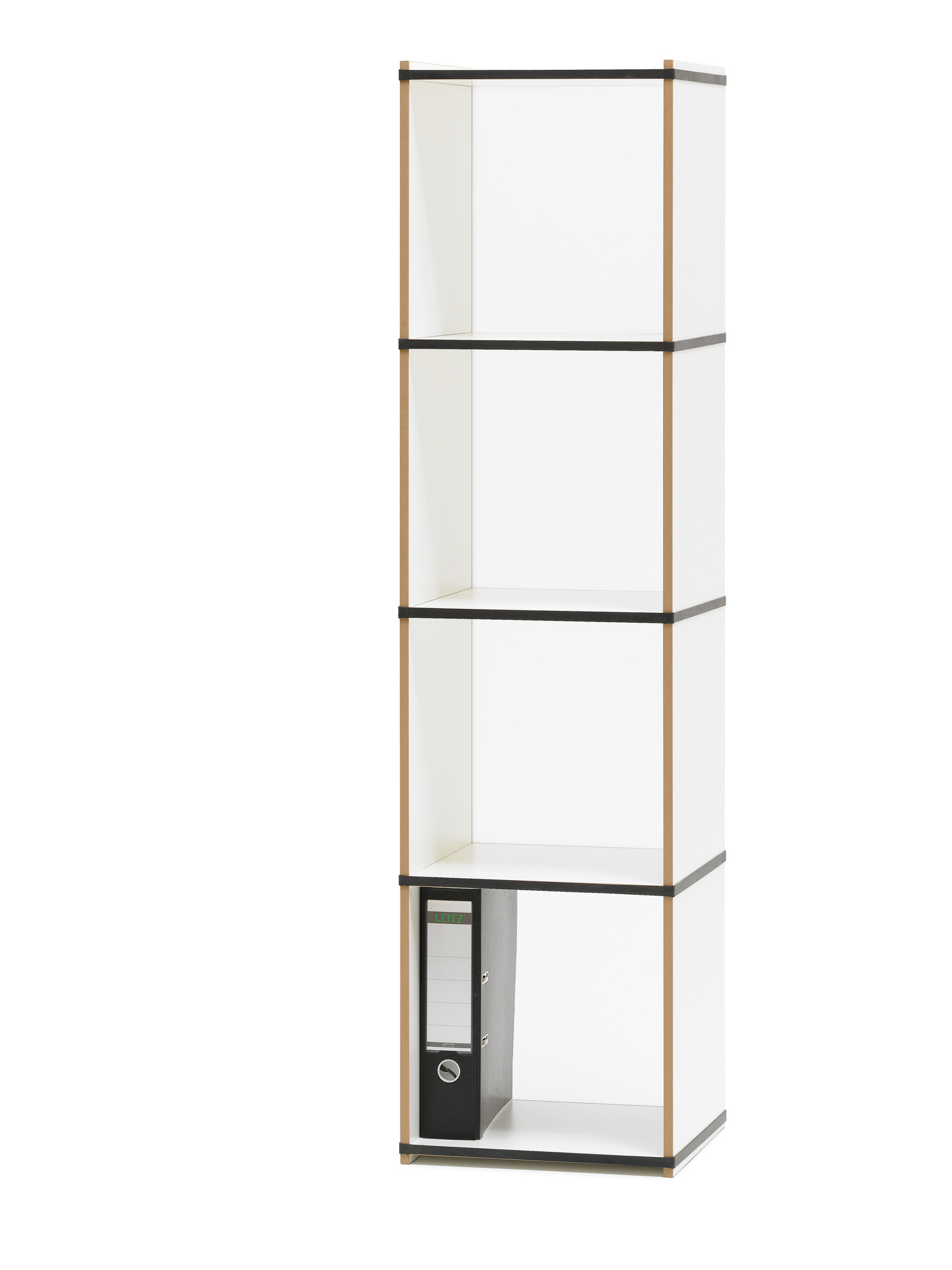 Tojo Aktenpack Regal Modul: Weißes, modulares Regalsystem mit vier Fächern, eines mit Ordner.