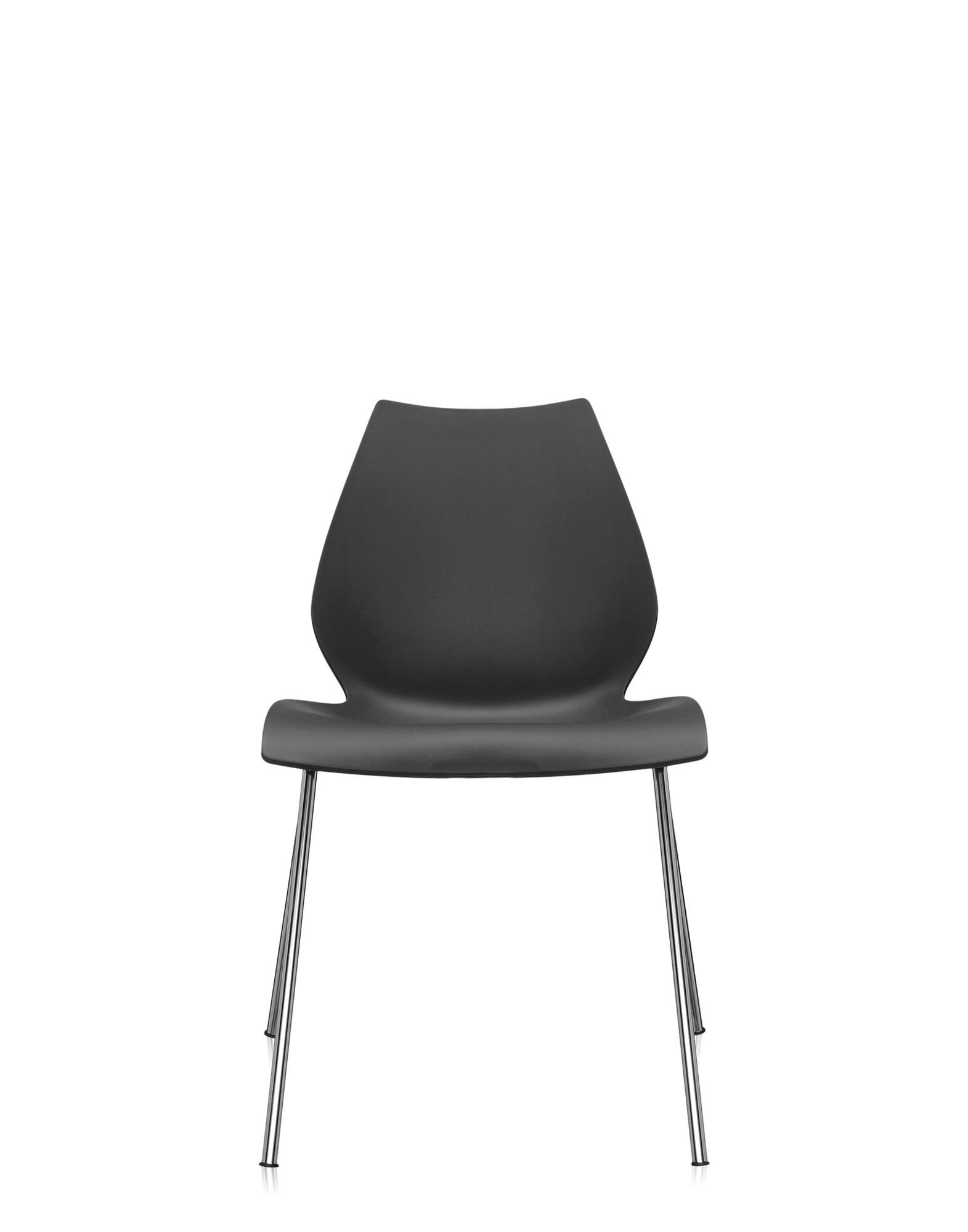 Anthrazitfarbener Kartell Stuhl "Maui" ohne Armlehne mit verchromten Beinen, Frontansicht. Designstuhl für Esszimmer.