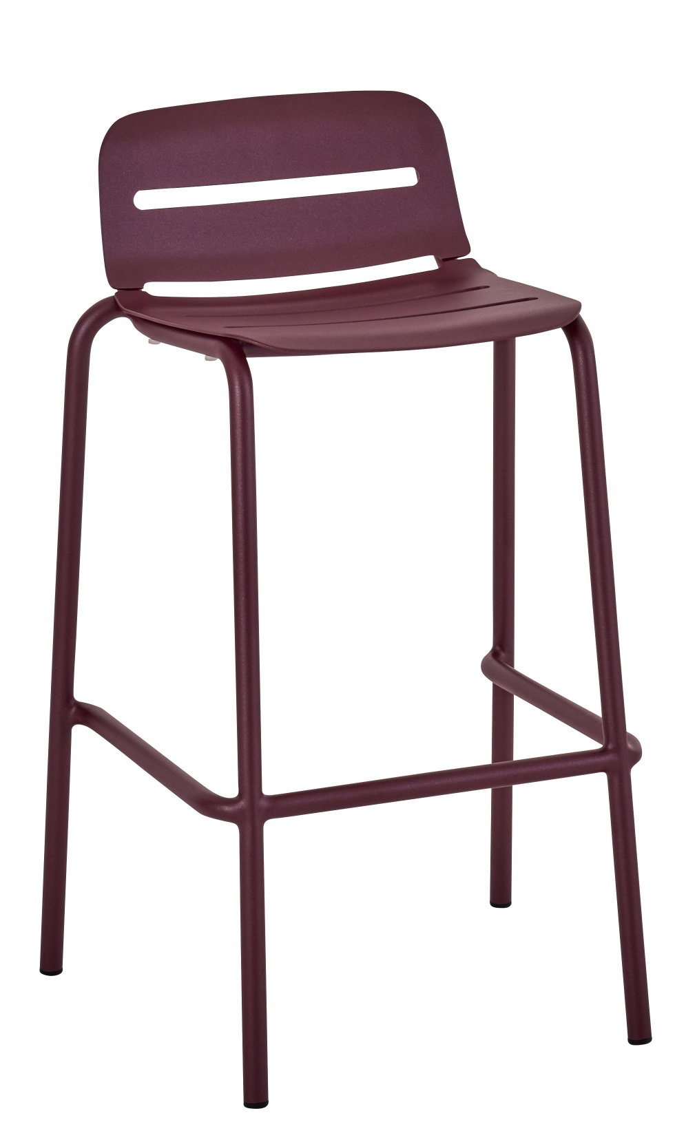 Weishäupl Vapio Barstuhl in Bordeauxrot, moderner Outdoor Barhocker mit Rückenlehne und Fußstütze.