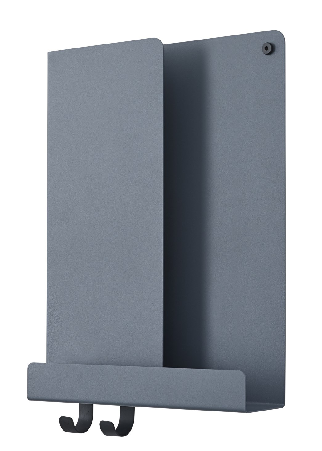 Graues Muuto Folded Shelves Wandregal aus Metall mit zwei Haken zur Aufbewahrung und Wandmontage.