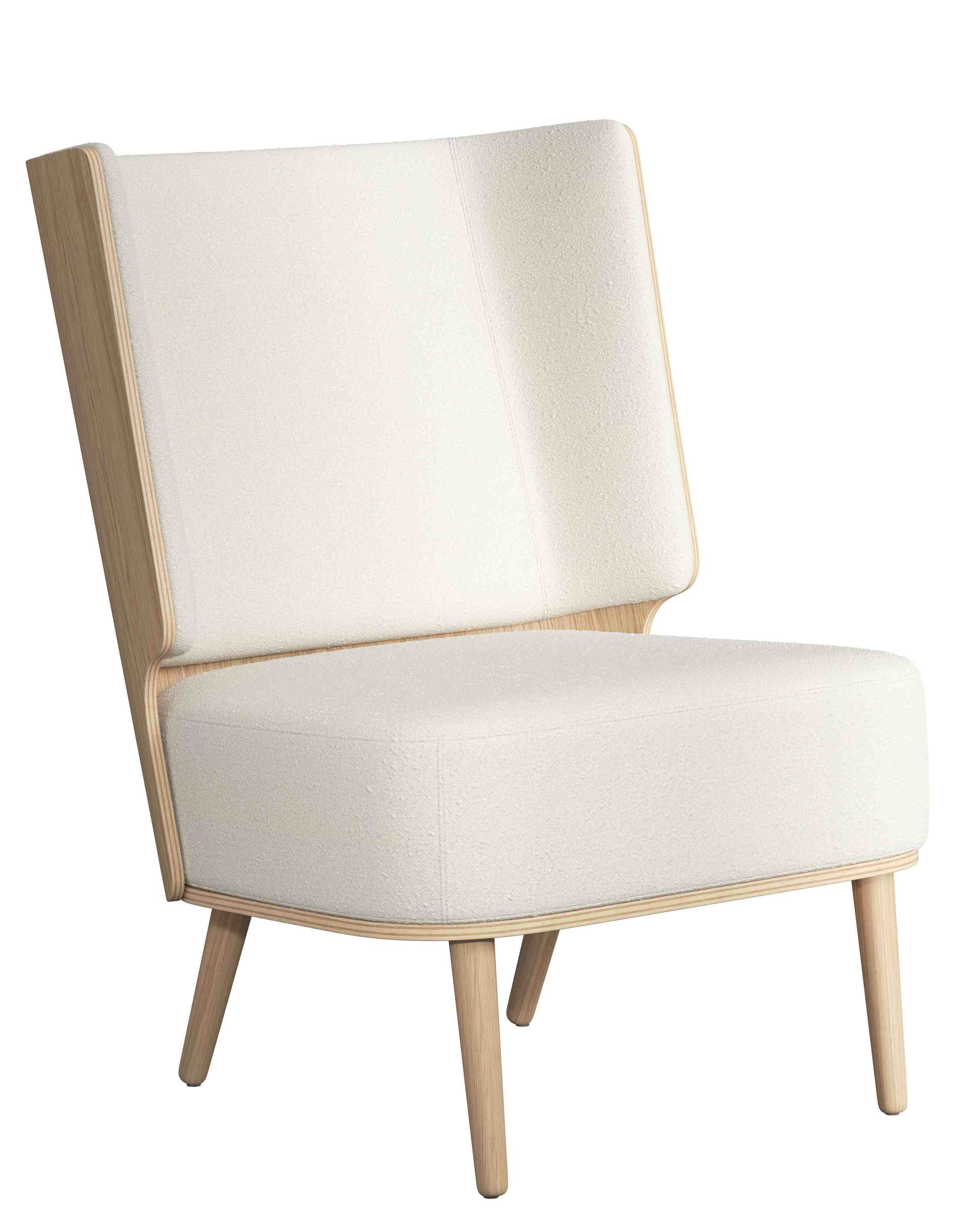 Serena Lounge Chair Sessel mit Eichenholzrahmen und weißem Nubbio-Bezug. Moderner Sessel für Wohnzimmer.