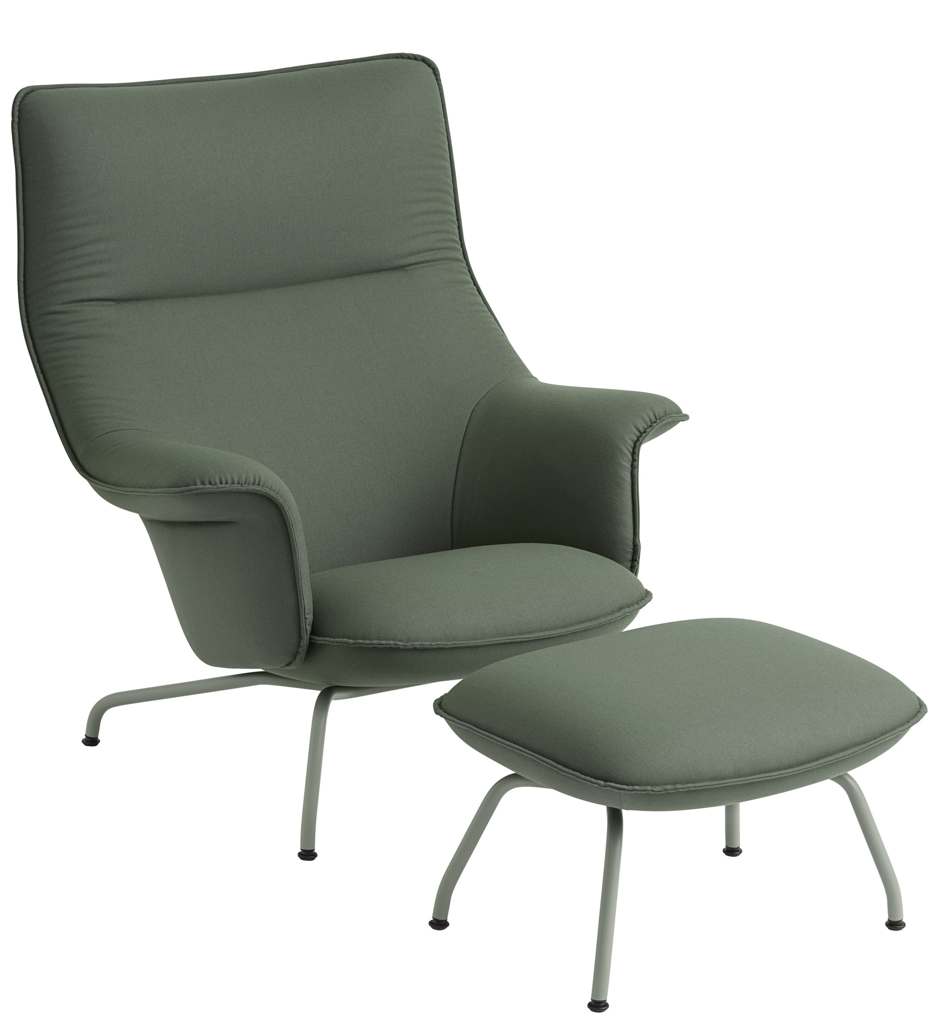 Muuto Doze Sessel mit Hocker in Olivgrün, moderner skandinavischer Loungesessel für Wohnzimmer und Entspannung.