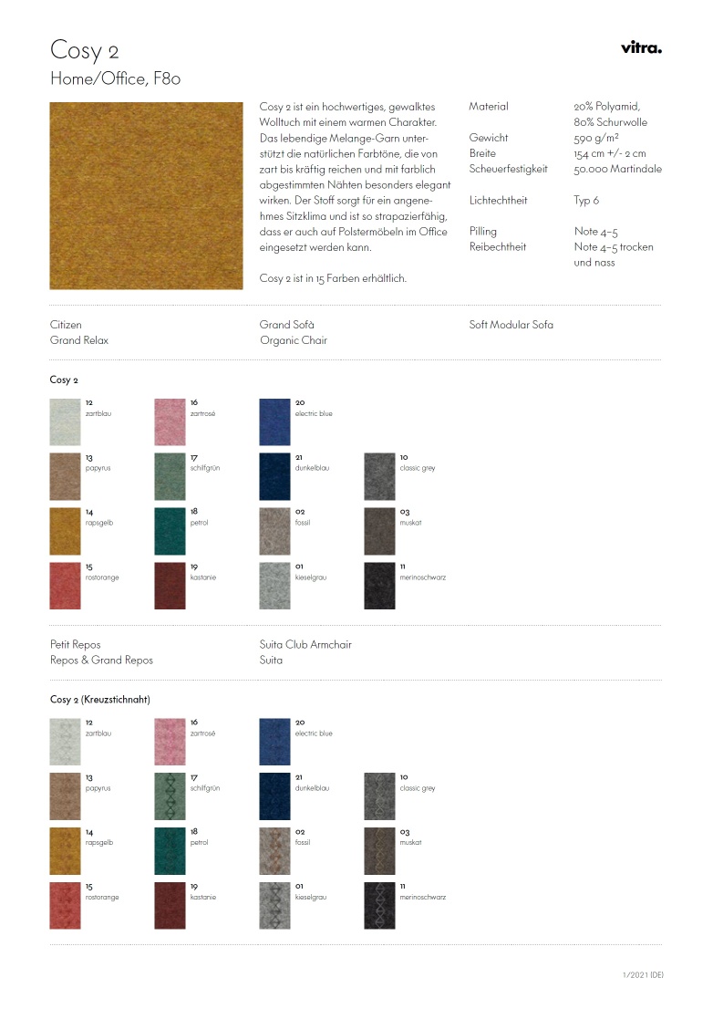 Vitra Cosy 2 Stoffmusterkarte: Übersicht der verfügbaren Farben und Materialeigenschaften für Möbelstoffe.